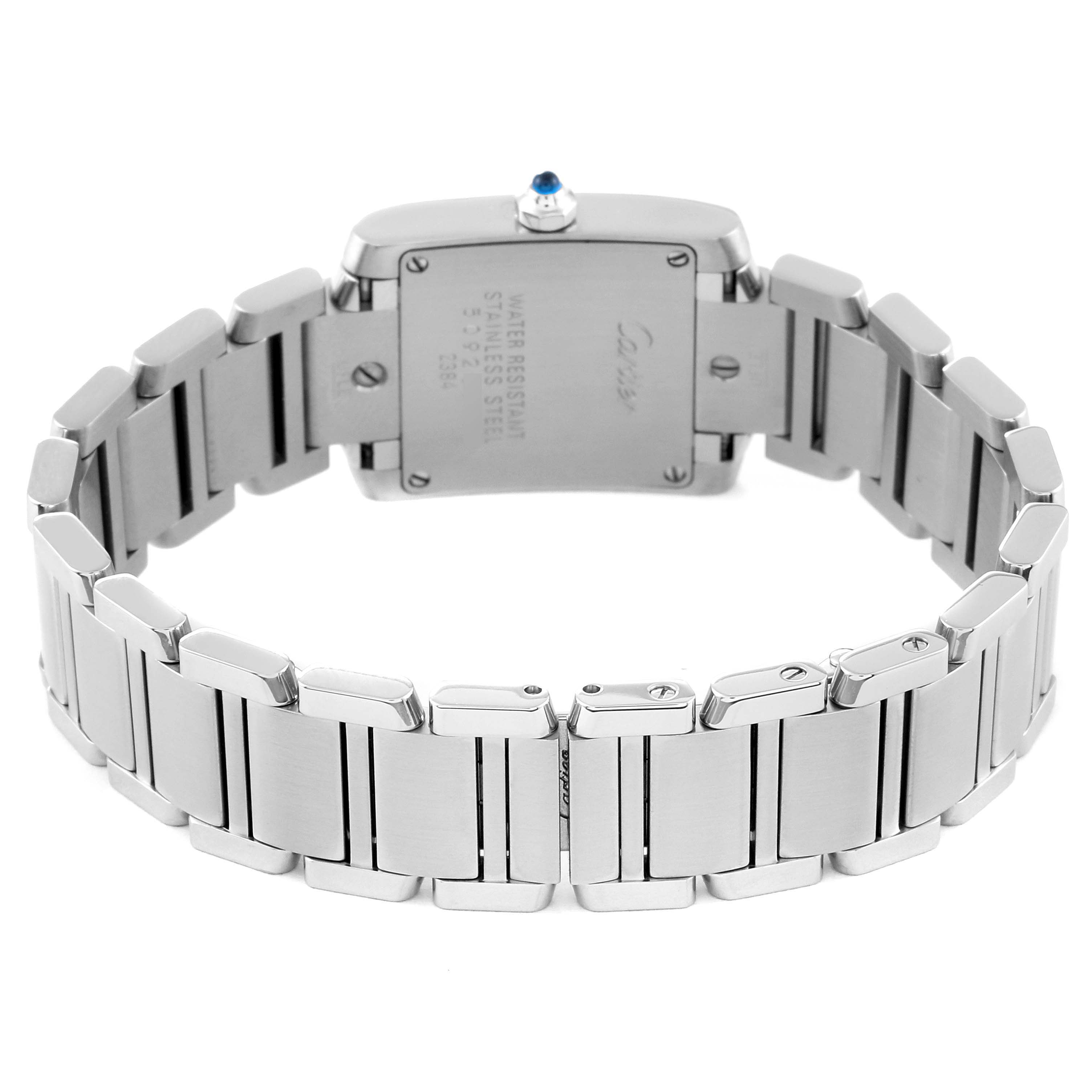 This image shows the back of a Cartier Tank Française watch, highlighting its stainless steel bracelet and case.