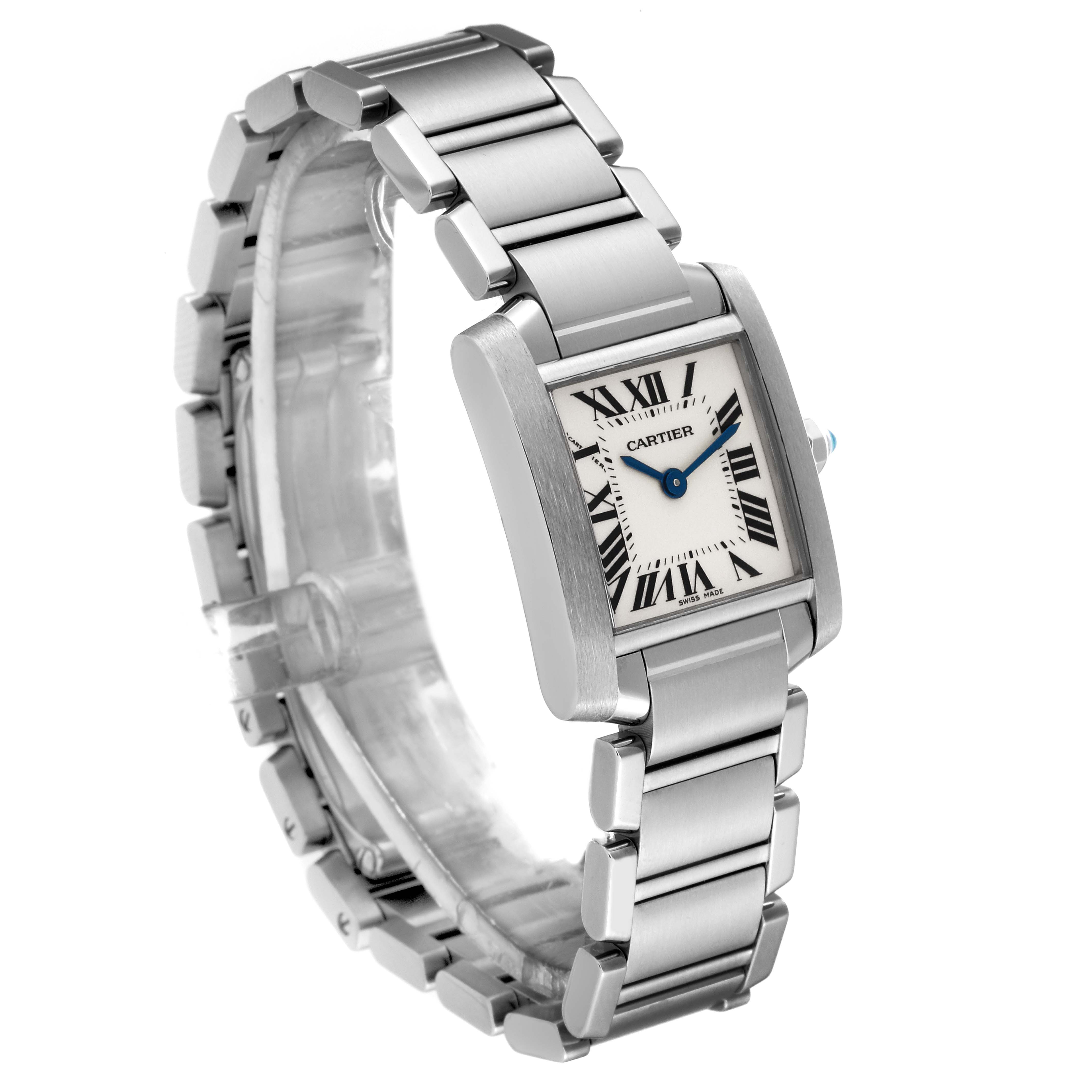 The image shows a front-side angle of the Cartier Tank Francaise W51008Q3 Women's Stainless Steel Silver Dial W51008Q3 Women's Stainless Steel Silver Dial watch, highlighting its rectangular face and metal bracelet.