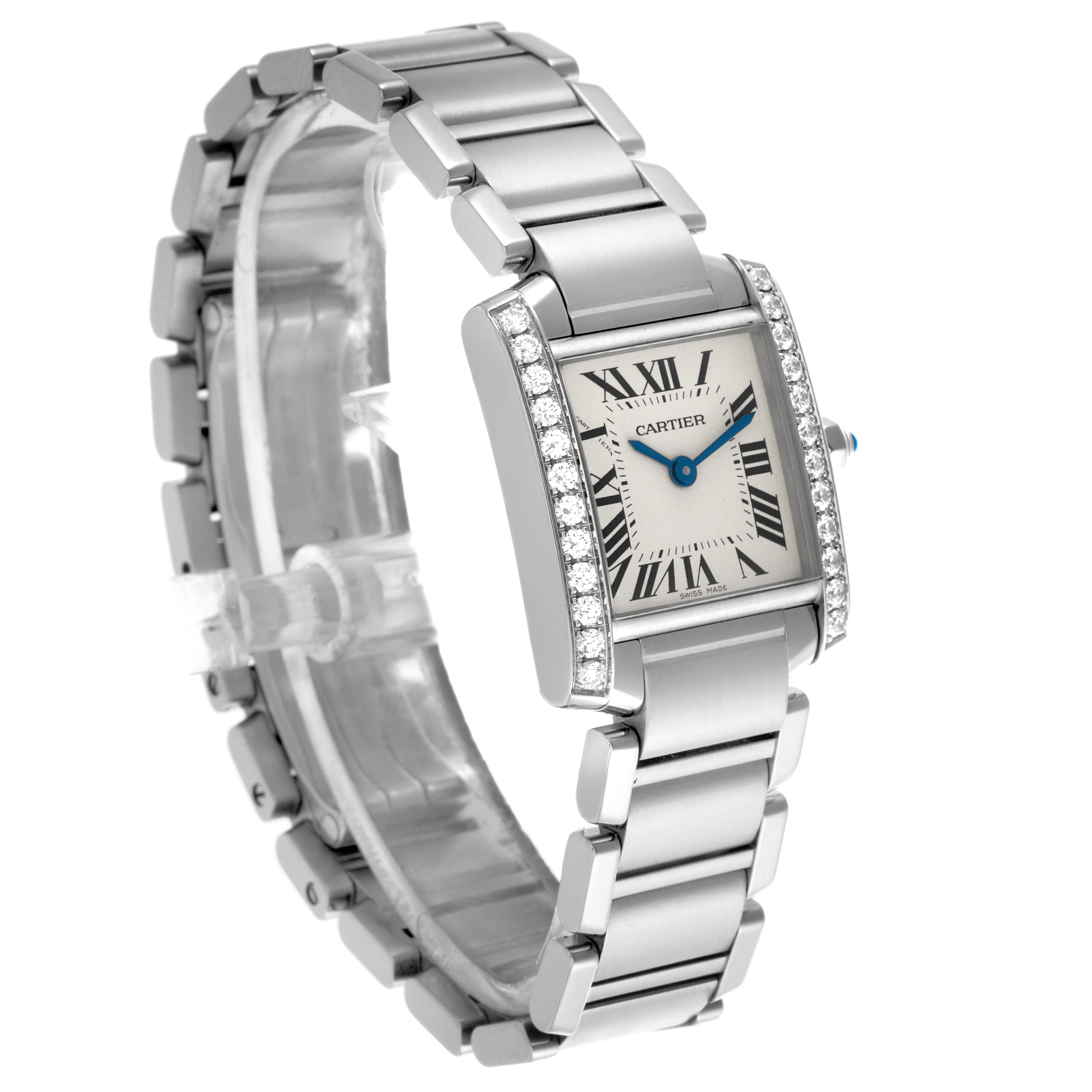 The Cartier Tank Francaise W4TA0008 Women
s Stainless Steel Silver Dial W4TA0008 Women
s Stainless Steel Silver Dial watch is shown at a three-quarter angle, highlighting its rectangular face and metal bracelet band.