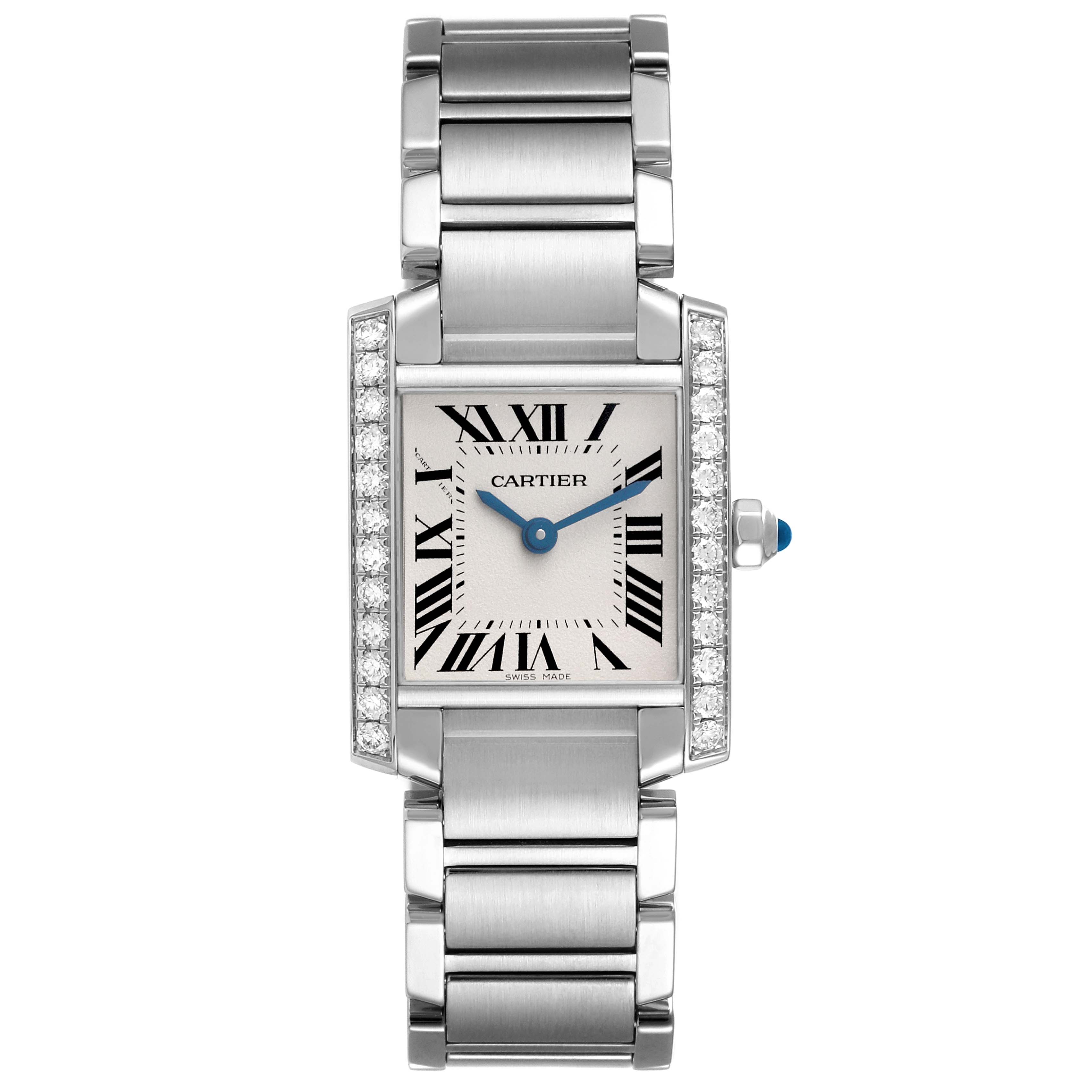 The Cartier Tank Française watch is shown from a front angle, highlighting its bracelet, dial, and diamond-set bezel.