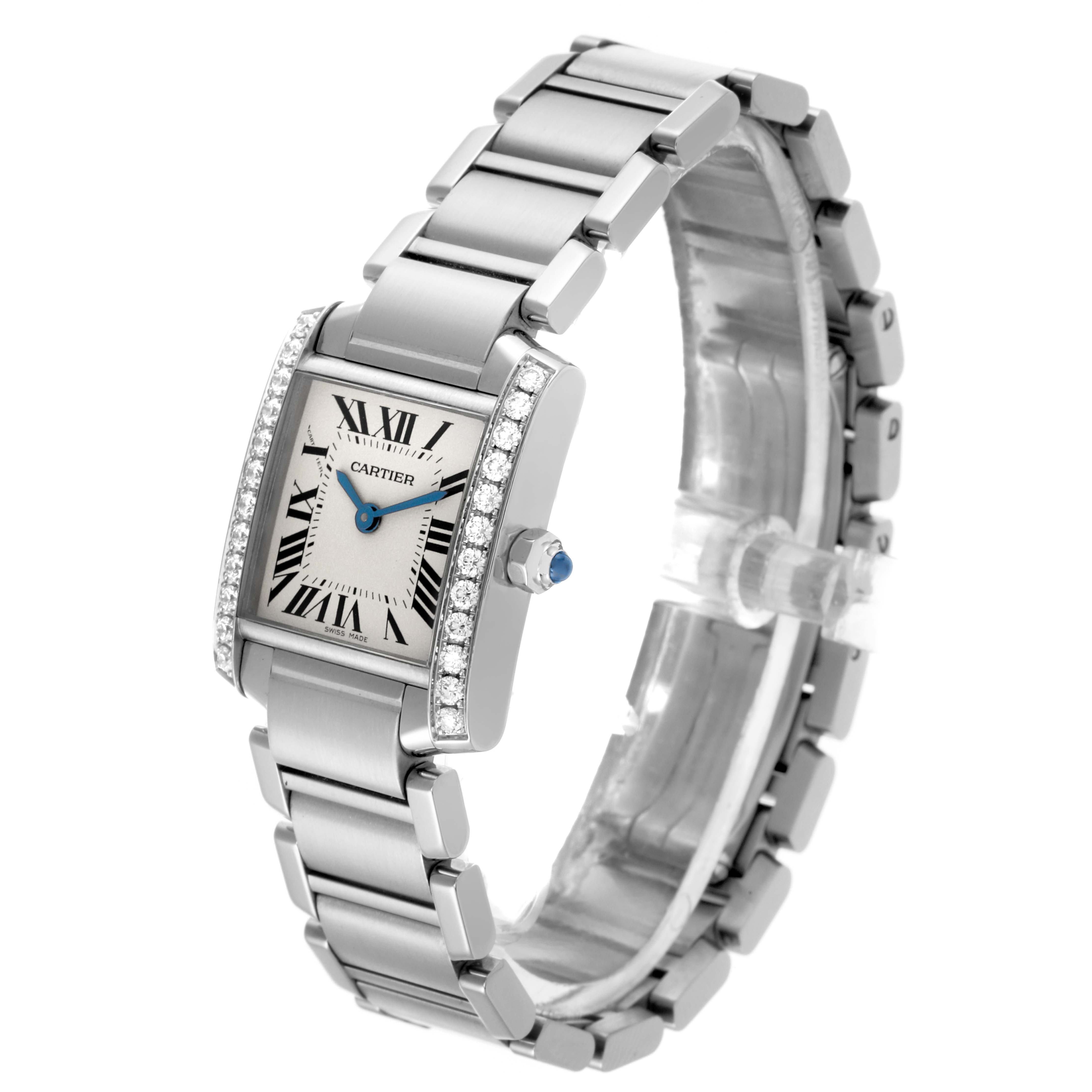 The Cartier Tank Française watch is shown at an angle highlighting the face, diamond bezel, and bracelet.