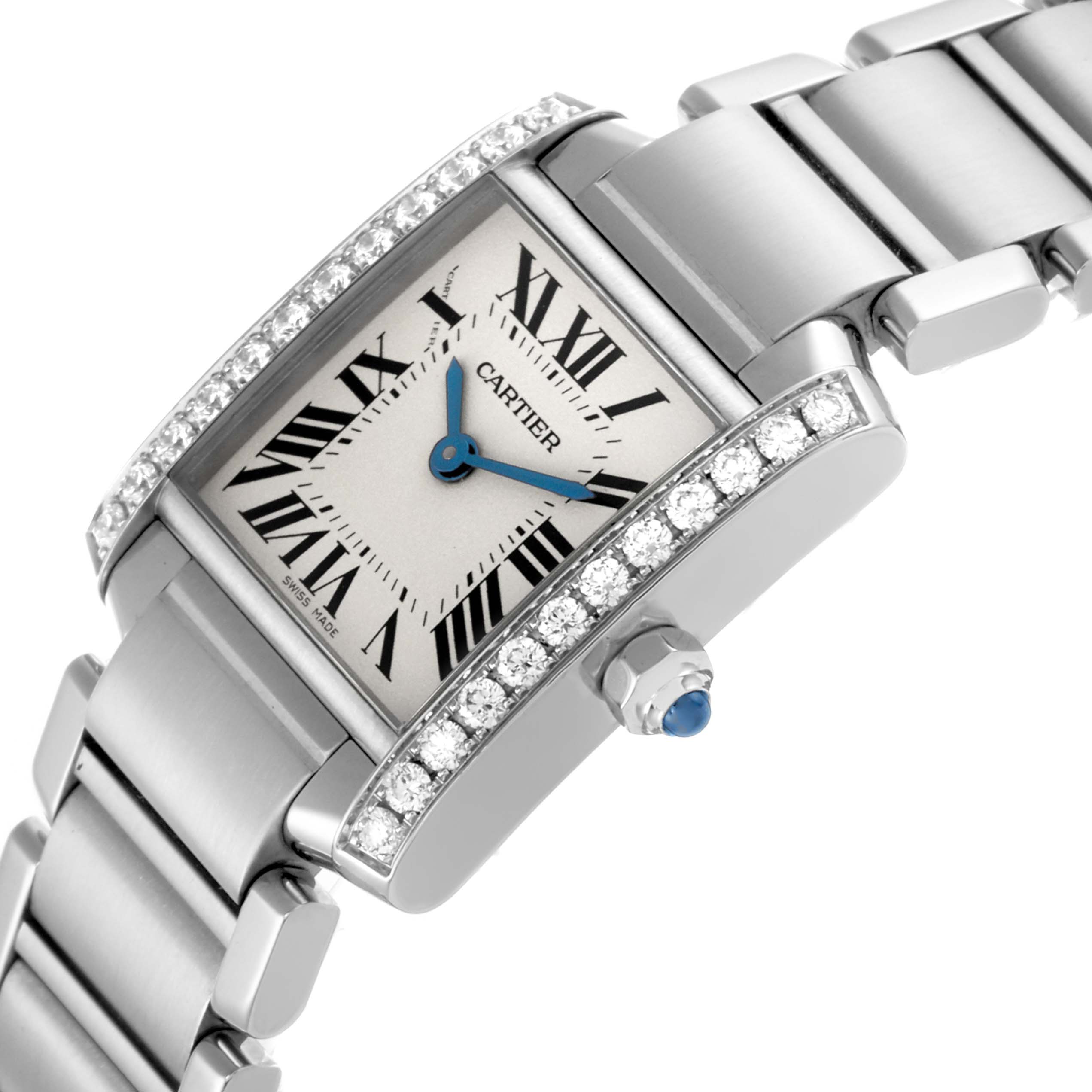 The Cartier Tank Française watch is shown at an angled view, highlighting the face, bezel with diamonds, and a portion of the bracelet.