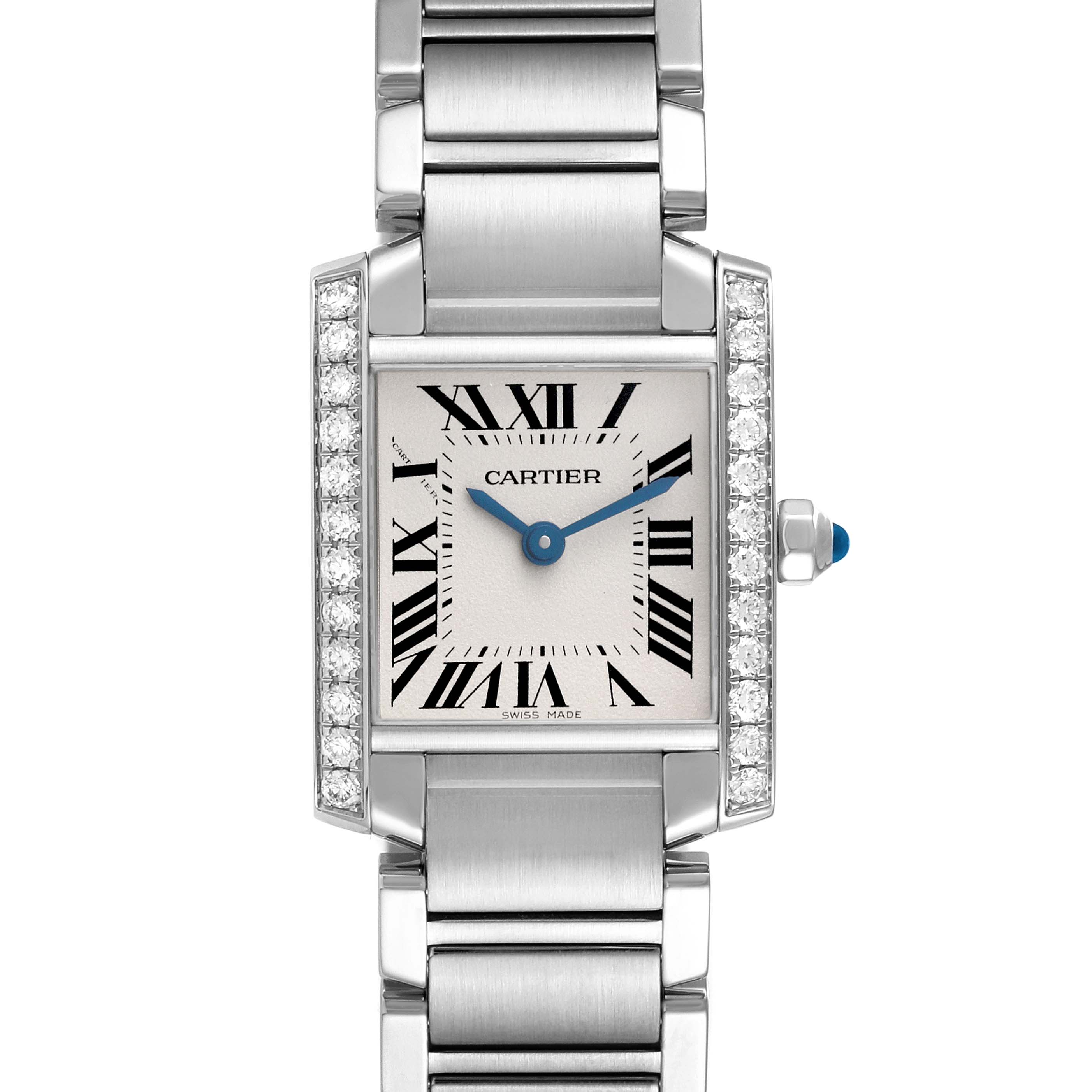 The image shows a Cartier Tank Française watch from a front view, displaying its rectangular face, Roman numerals, and metal bracelet.