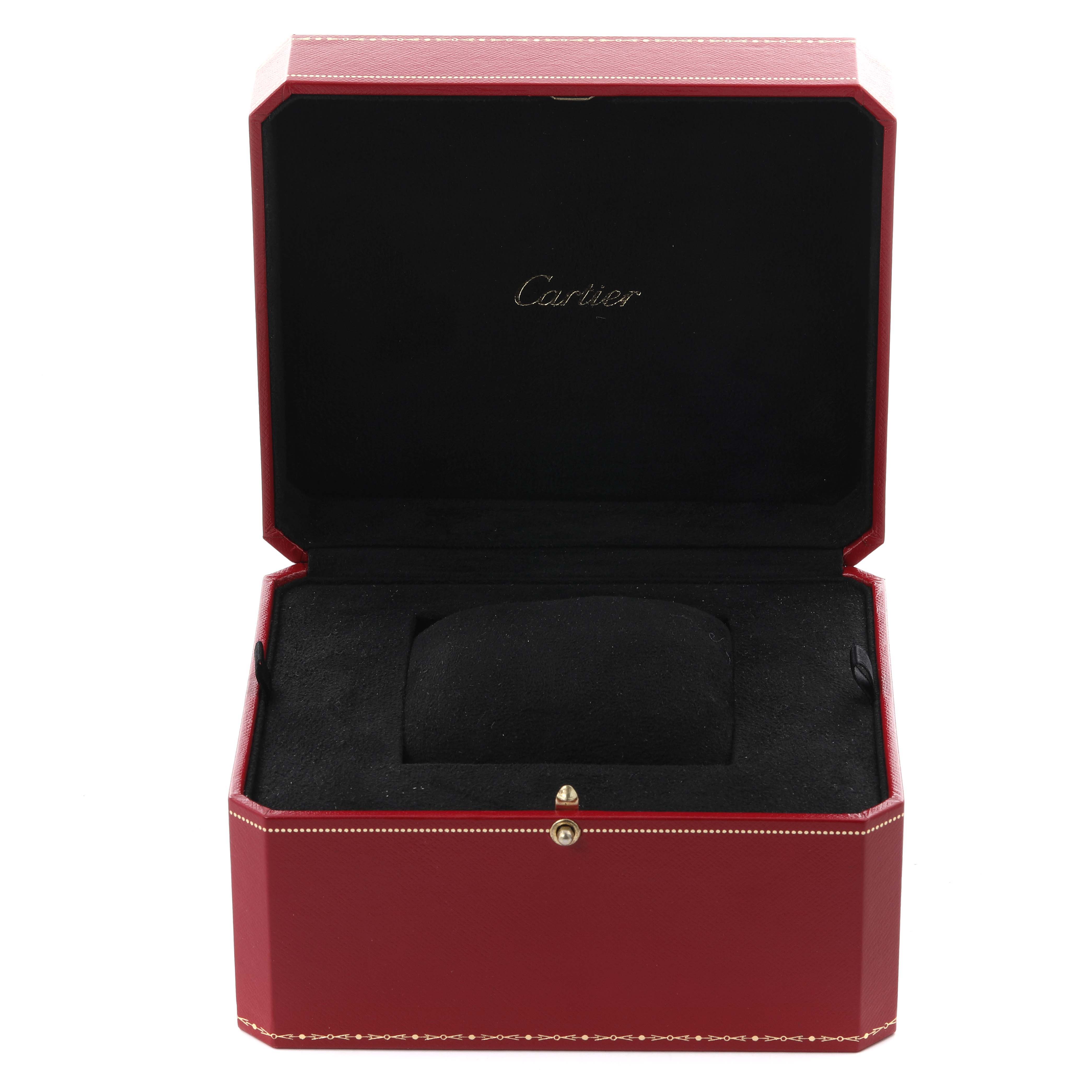 The image shows an open Cartier watch box for the Tank Francaise model; no watch is visible.