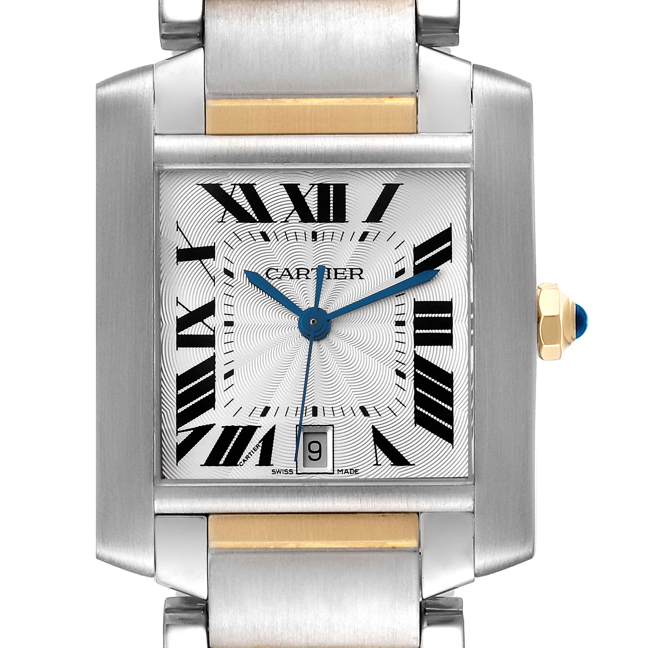 This image shows a front view of the Cartier Tank Francaise W51005Q4 Men
s Steel and Gold (two tone) Silver Dial W51005Q4 Men
s Steel and Gold (two tone) Silver Dial watch face and part of the bracelet.