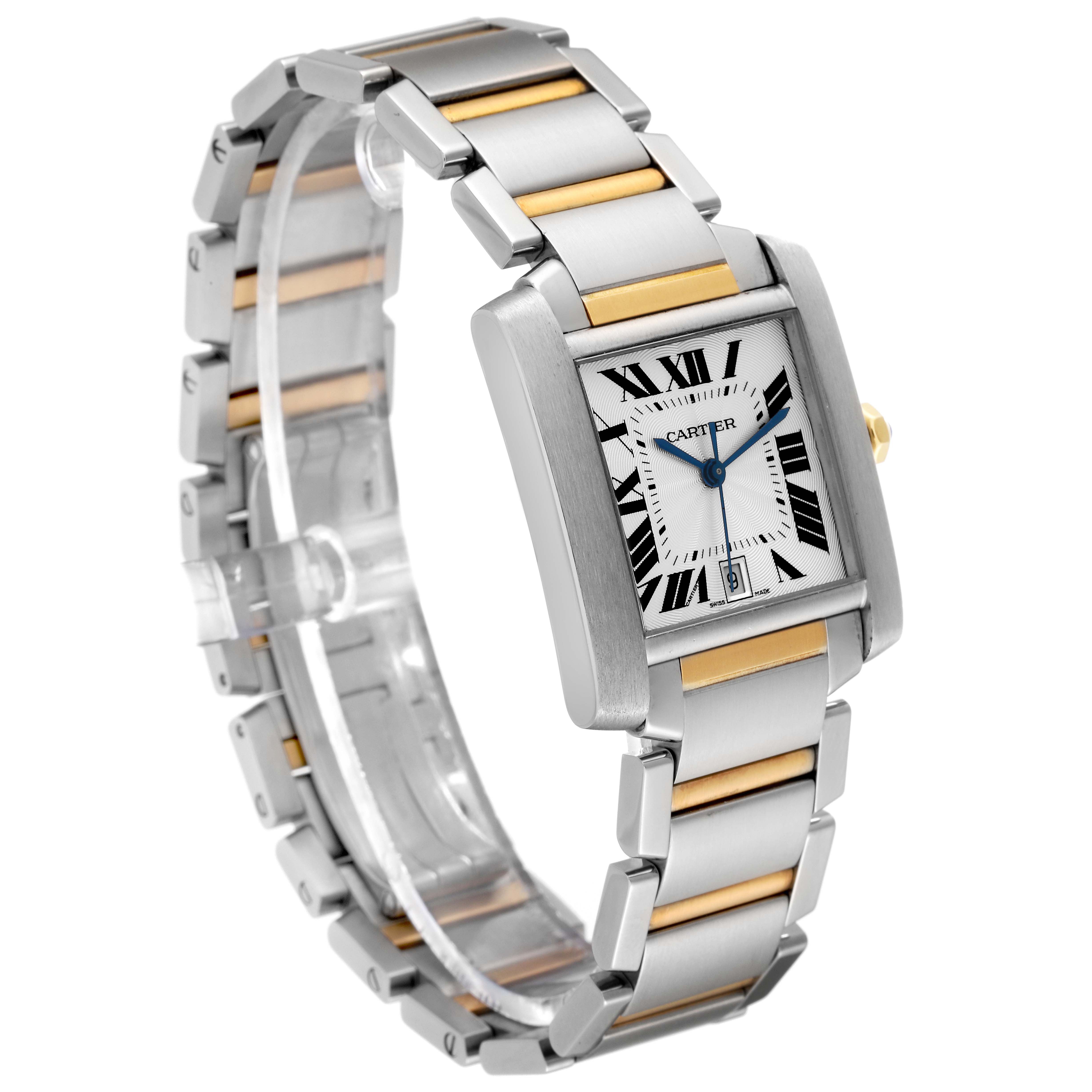 The Cartier Tank Francaise W51005Q4 Men
s Steel and Gold (two tone) Silver Dial W51005Q4 Men
s Steel and Gold (two tone) Silver Dial watch is shown at an angled view, featuring its rectangular face and metal bracelet with gold accents.