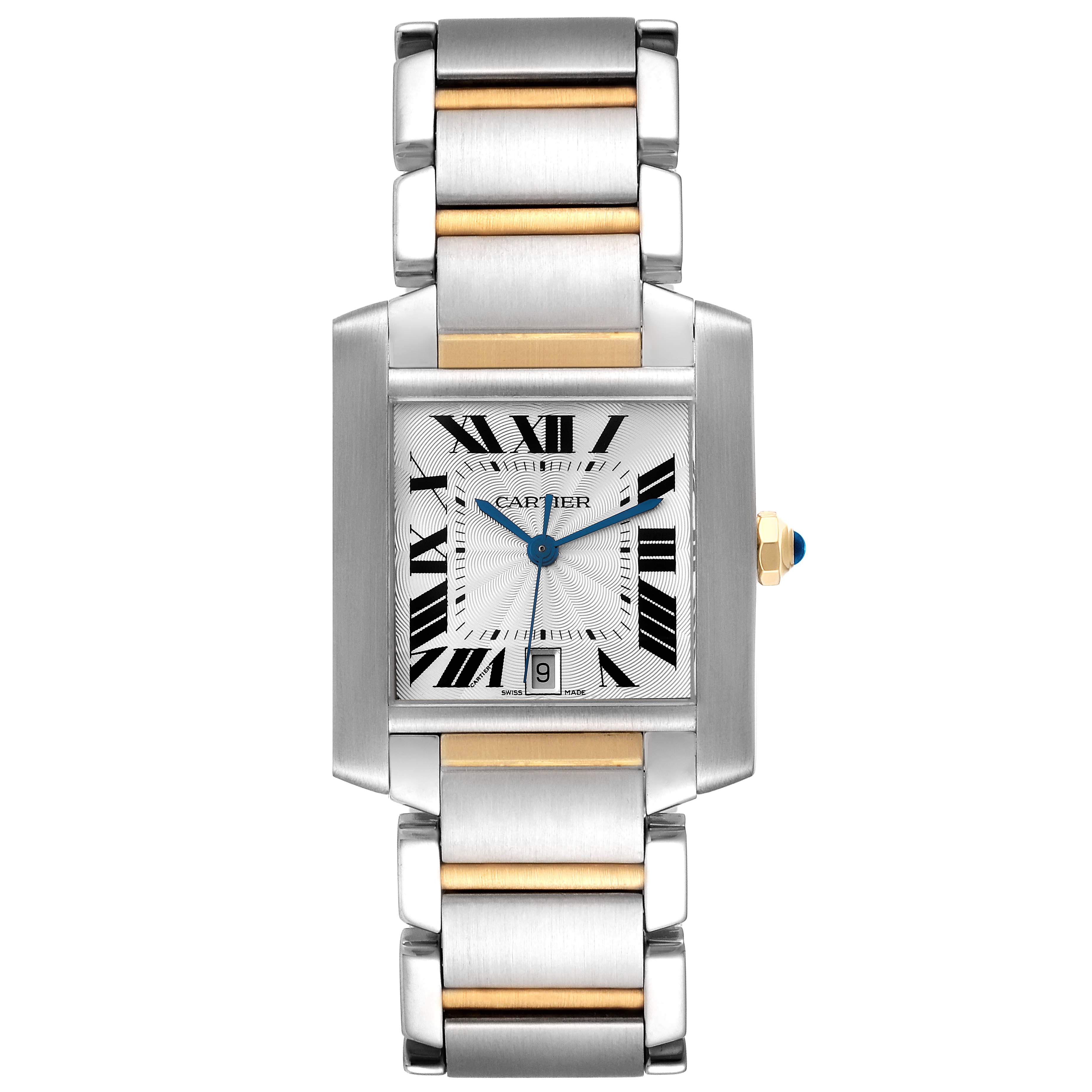 The image shows a Cartier Tank Française watch from a front view, displaying its face, bracelet, and crown.