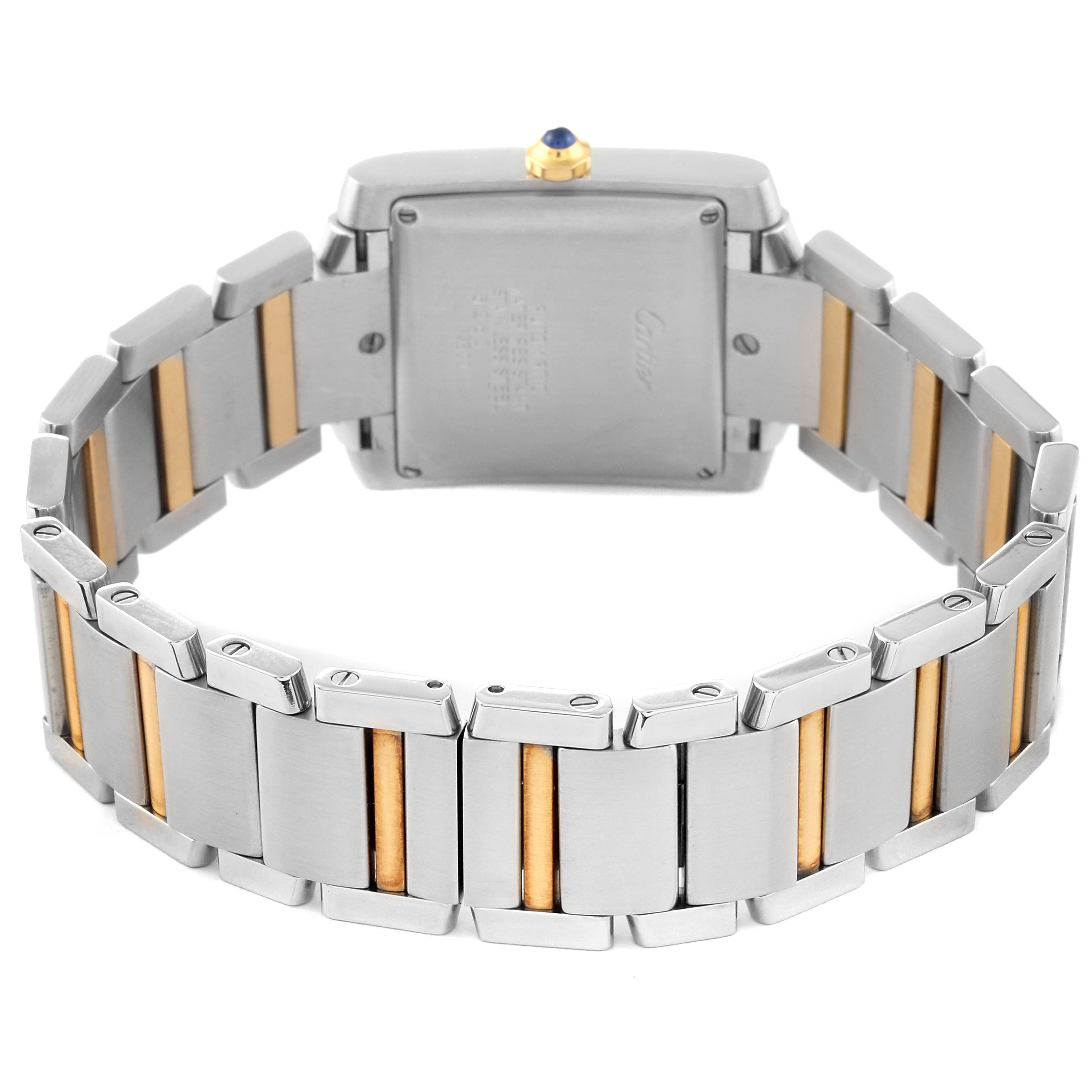 This image shows the back view of a Cartier Tank Francaise W51005Q4 Men
s Steel and Gold (two tone) Silver Dial W51005Q4 Men
s Steel and Gold (two tone) Silver Dial watch, focusing on the bracelet and case.