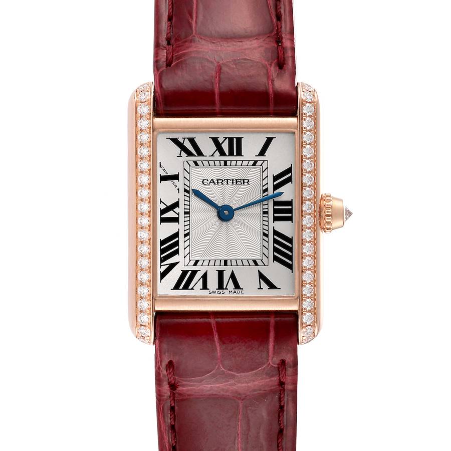 The Cartier Tank Louis watch is shown from a front angle, highlighting its rectangular face, Roman numerals, and leather strap.