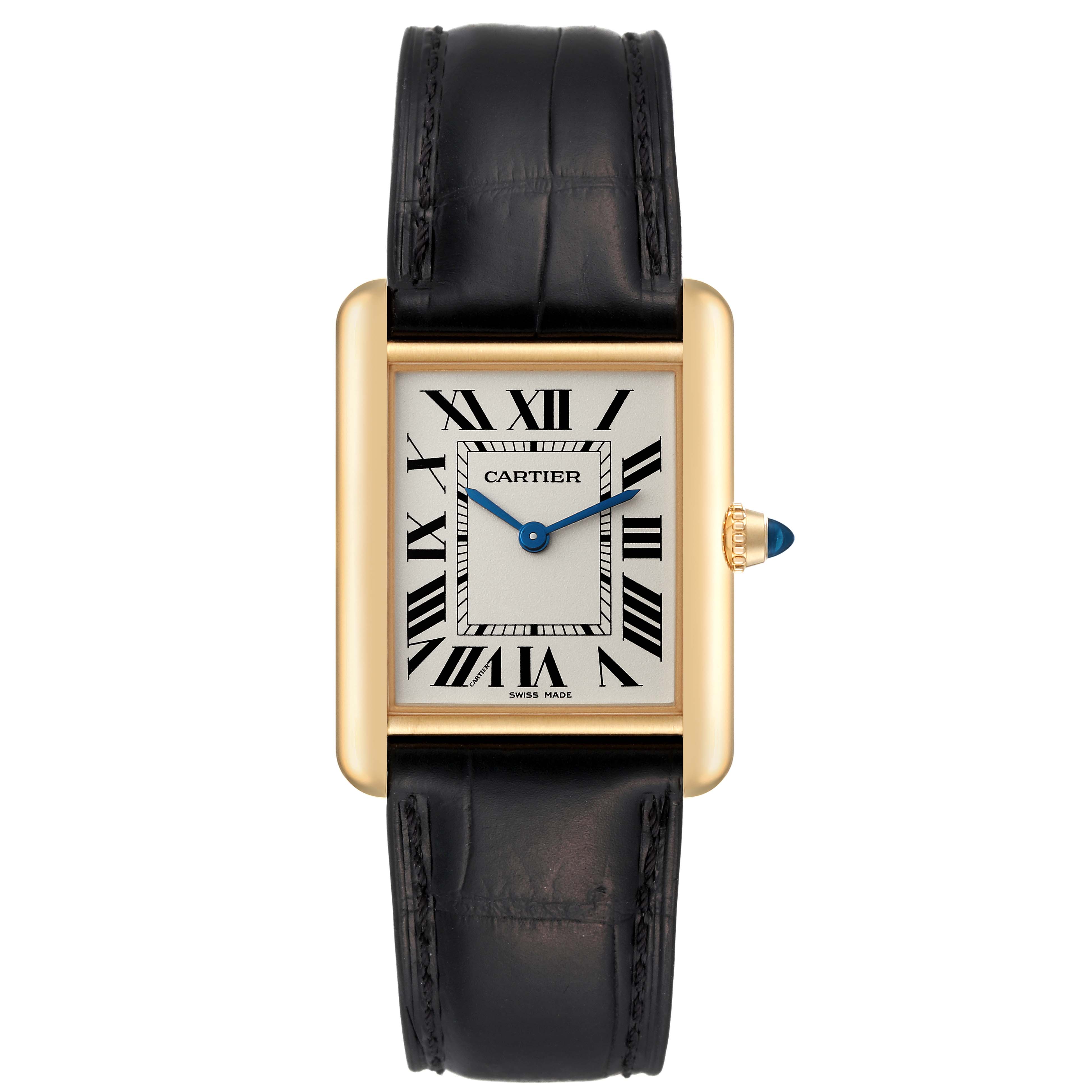 The image shows a front view of the Cartier Tank Louis WGTA0067 Men's Yellow Gold Silver Dial WGTA0067 Men's Yellow Gold Silver Dial watch, highlighting its rectangular face, Roman numerals, and black leather strap.