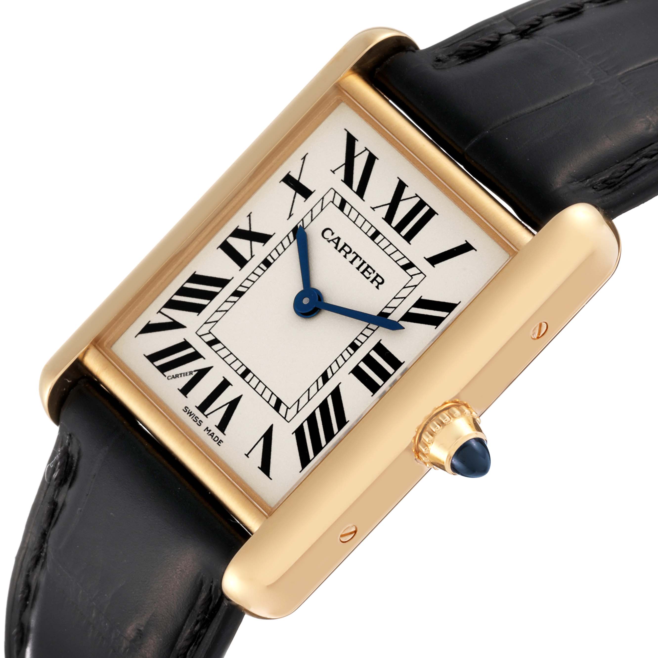 The image shows the Cartier Tank Louis WGTA0067 Men's Yellow Gold Silver Dial WGTA0067 Men's Yellow Gold Silver Dial watch at an oblique angle, highlighting its face, Roman numerals, blue hands, and black strap.