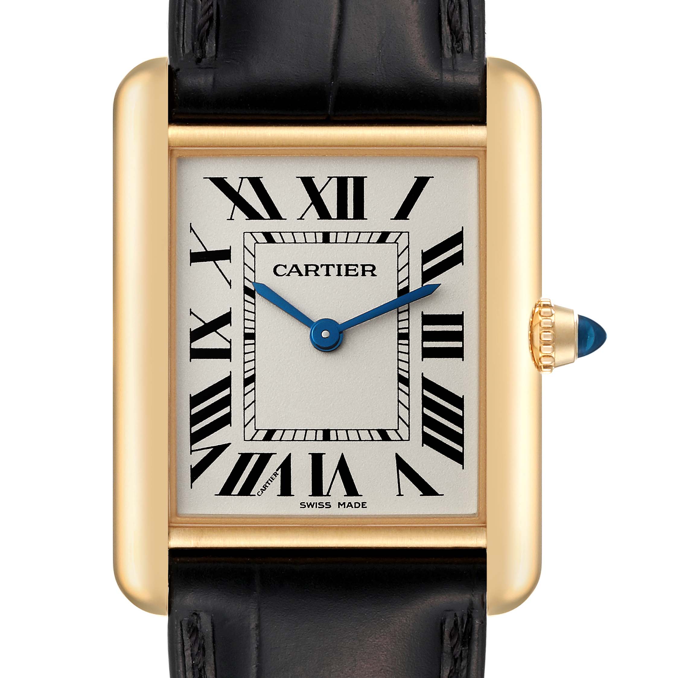 This Cartier Tank Louis WGTA0067 Men's Yellow Gold Silver Dial WGTA0067 Men's Yellow Gold Silver Dial watch is shown from the front, displaying its rectangular face, Roman numerals, blue hands, and black leather strap.