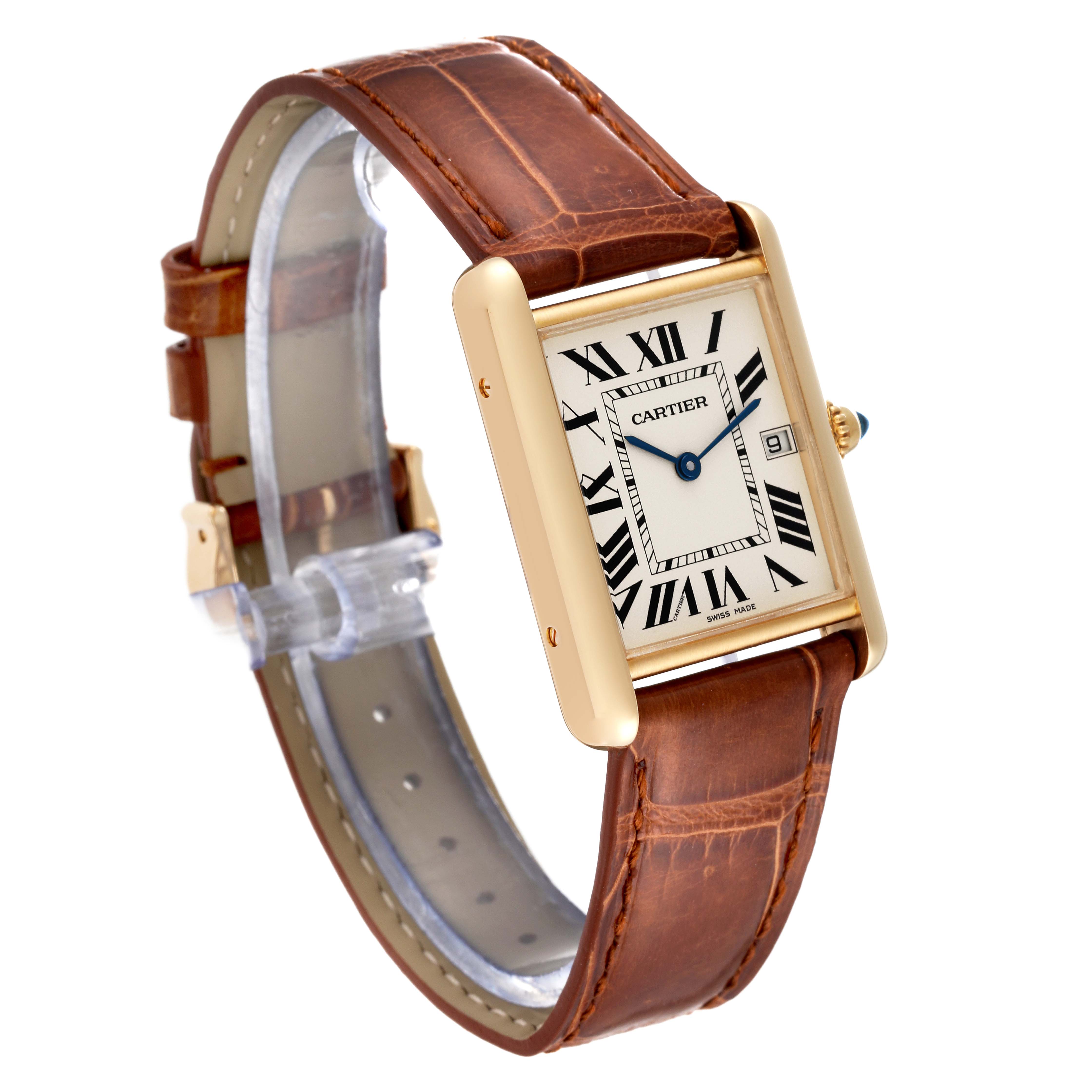 The image shows a Cartier Tank Louis W1529756 Men's Yellow Gold Silver Dial W1529756 Men's Yellow Gold Silver Dial watch at a three-quarter angle, highlighting its brown leather strap and rectangular gold case.