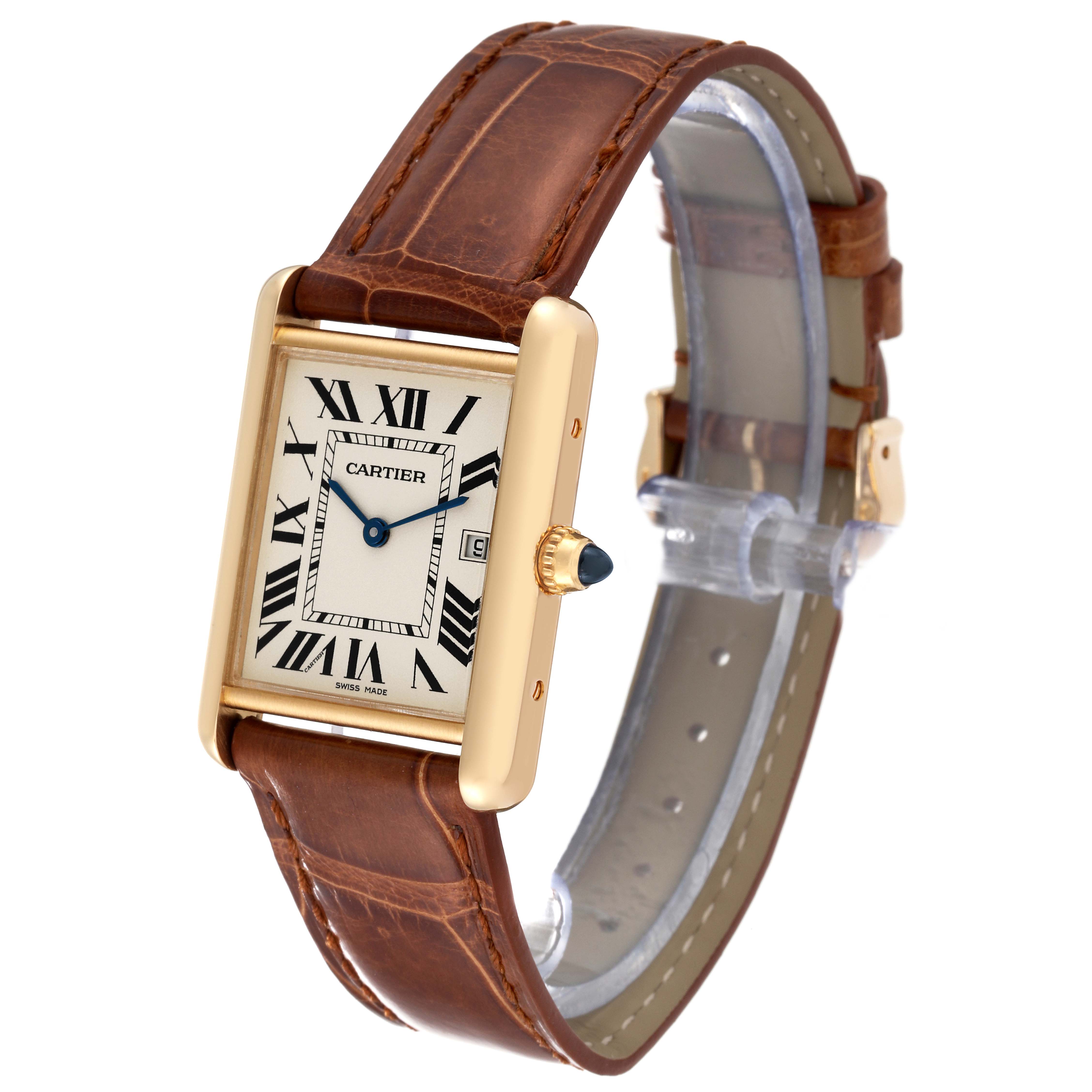 The image shows a Cartier Tank Louis W1529756 Men's Yellow Gold Silver Dial W1529756 Men's Yellow Gold Silver Dial watch from an angled side view, highlighting the watch face, case, and leather strap.