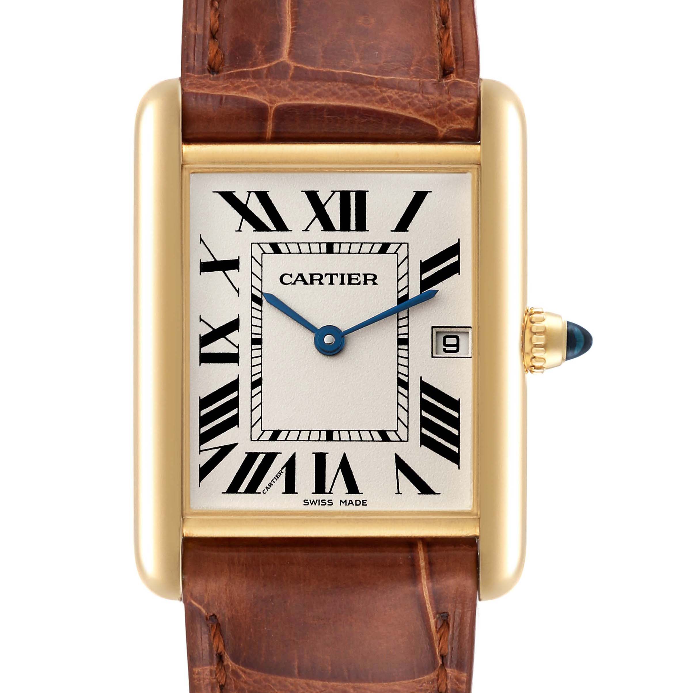 The image displays a front view of the Cartier Tank Louis W1529756 Men's Yellow Gold Silver Dial W1529756 Men's Yellow Gold Silver Dial watch, showcasing the dial, Roman numerals, and part of the brown strap.