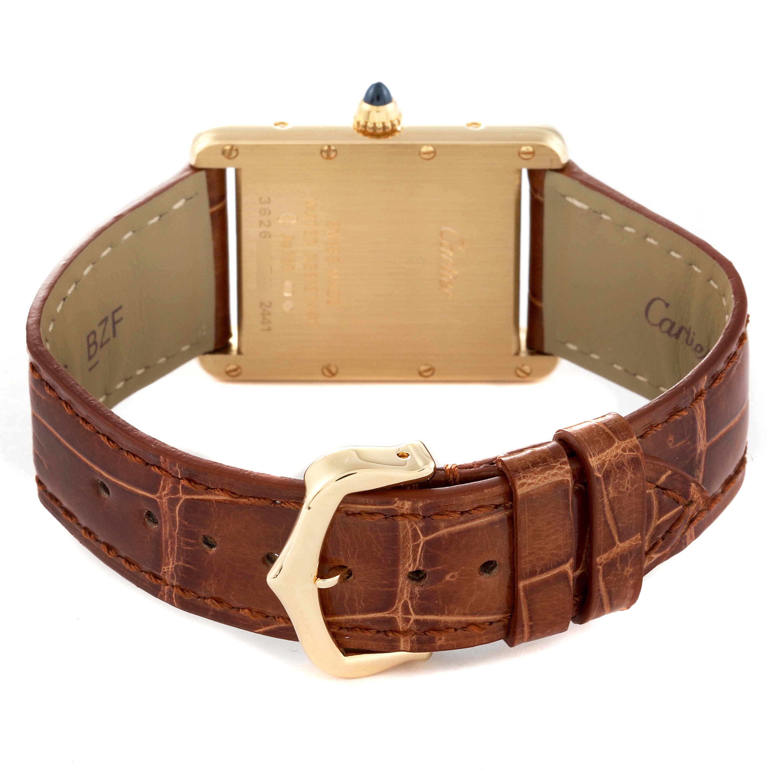 This image shows the back of the Cartier Tank Louis W1529756 Men's Yellow Gold Silver Dial W1529756 Men's Yellow Gold Silver Dial watch, highlighting the strap and buckle.