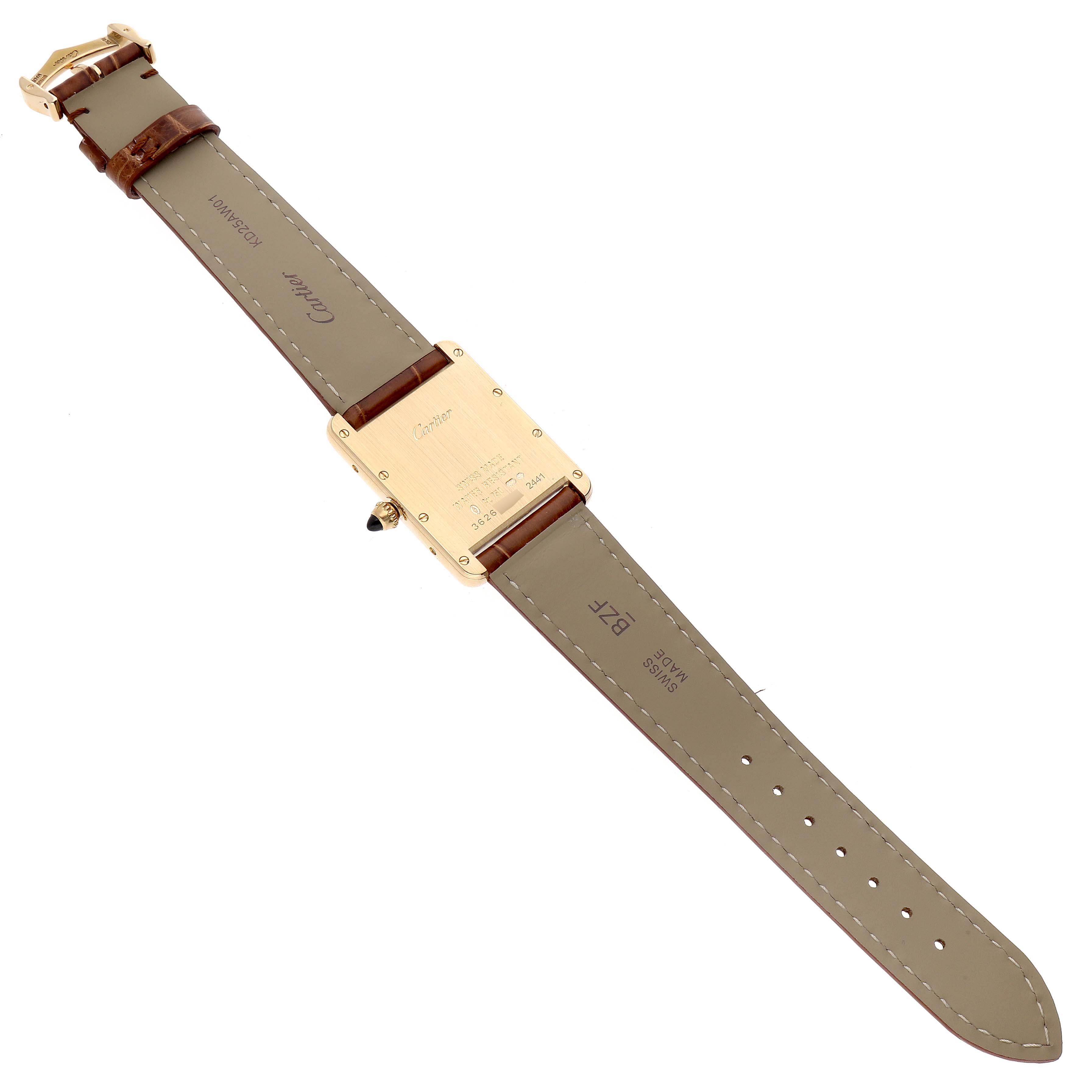 This image shows the back view of a Cartier Tank Louis W1529756 Men's Yellow Gold Silver Dial W1529756 Men's Yellow Gold Silver Dial watch, including the strap and buckle.