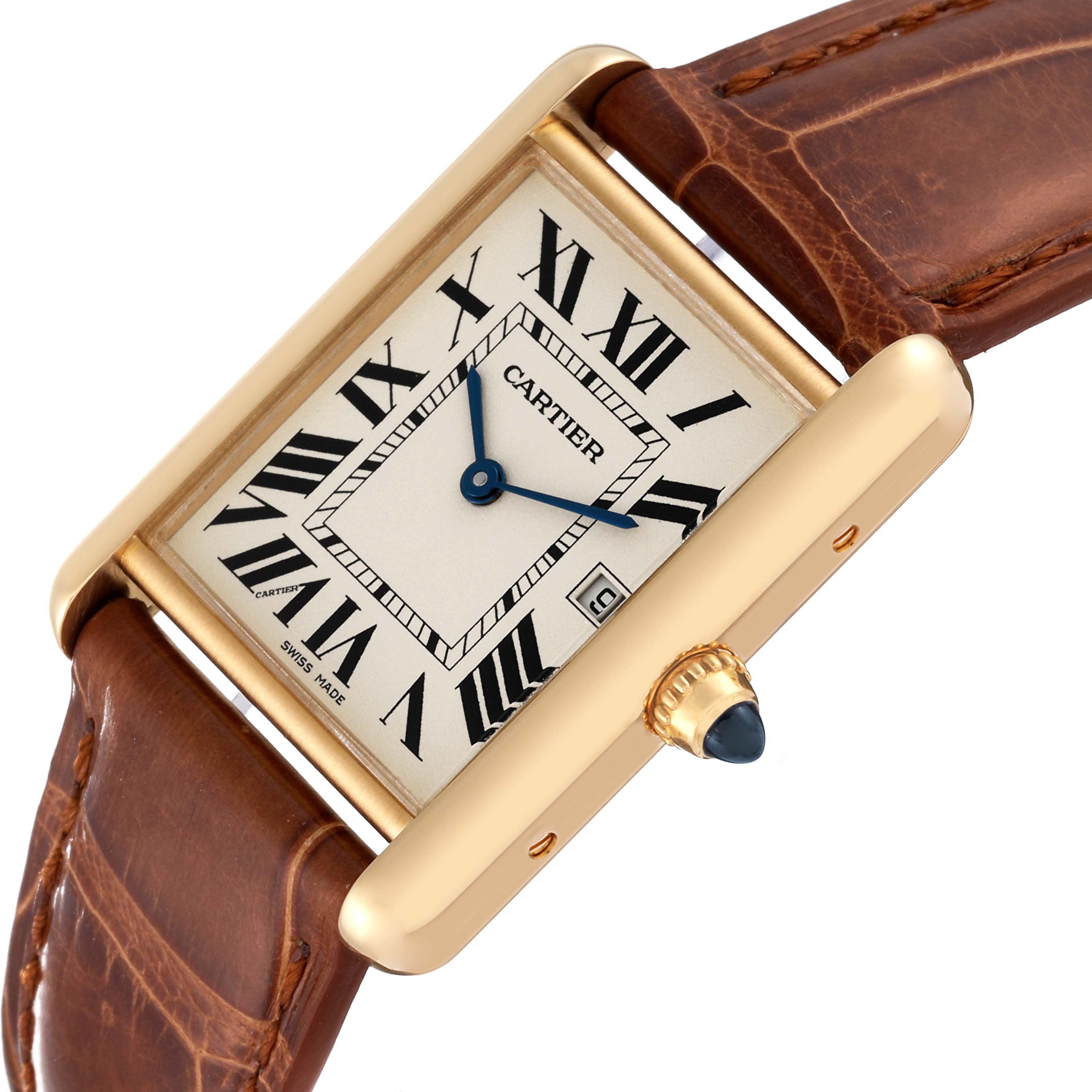 The Cartier Tank Louis W1529756 Men's Yellow Gold Silver Dial W1529756 Men's Yellow Gold Silver Dial watch is shown at an angle highlighting its face, crown, and brown leather strap.