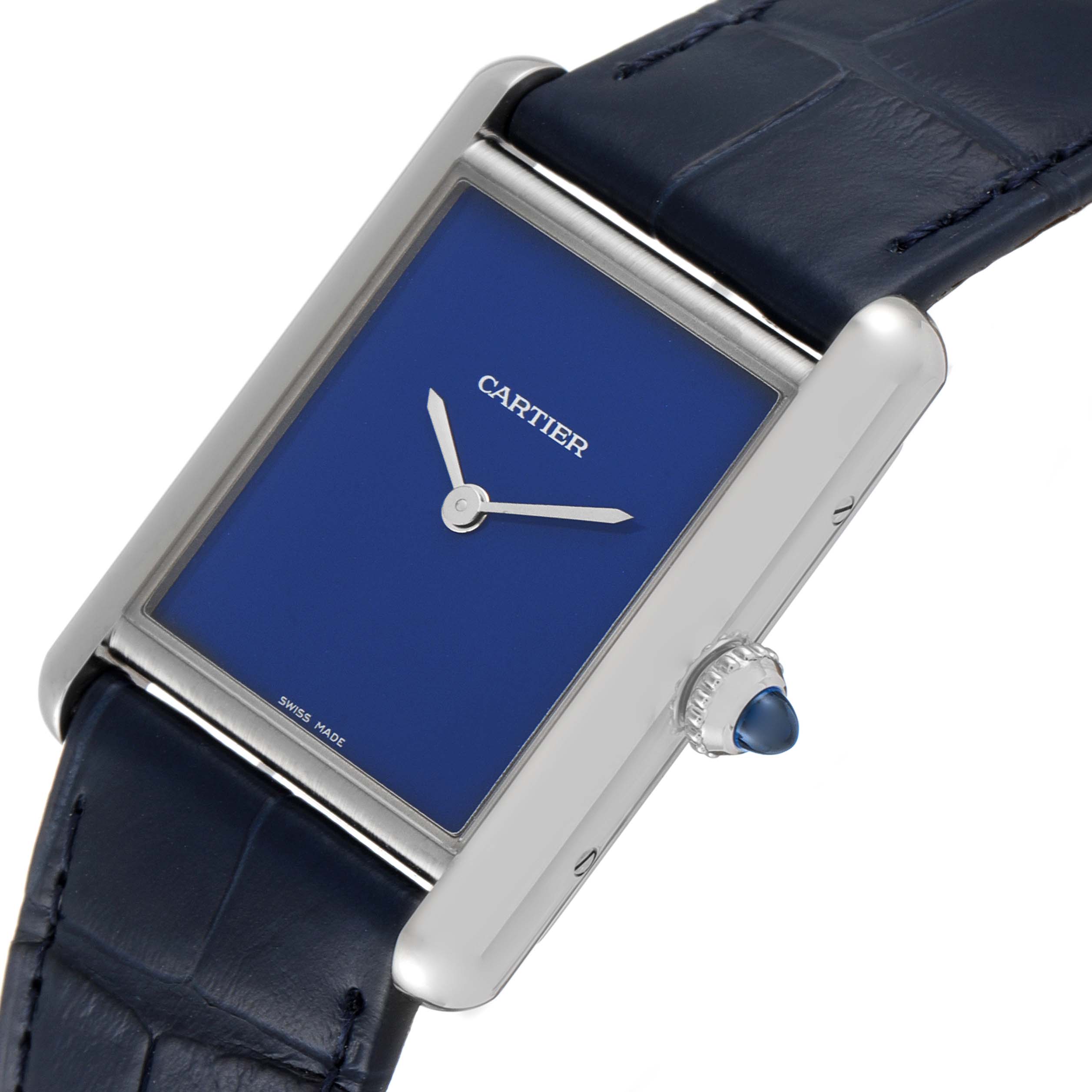 This image shows the face, crown, and strap of the Cartier Tank Must WSTA0055 Women's Stainless Steel Blue Dial WSTA0055 Women's Stainless Steel Blue Dial watch from a slight angle.