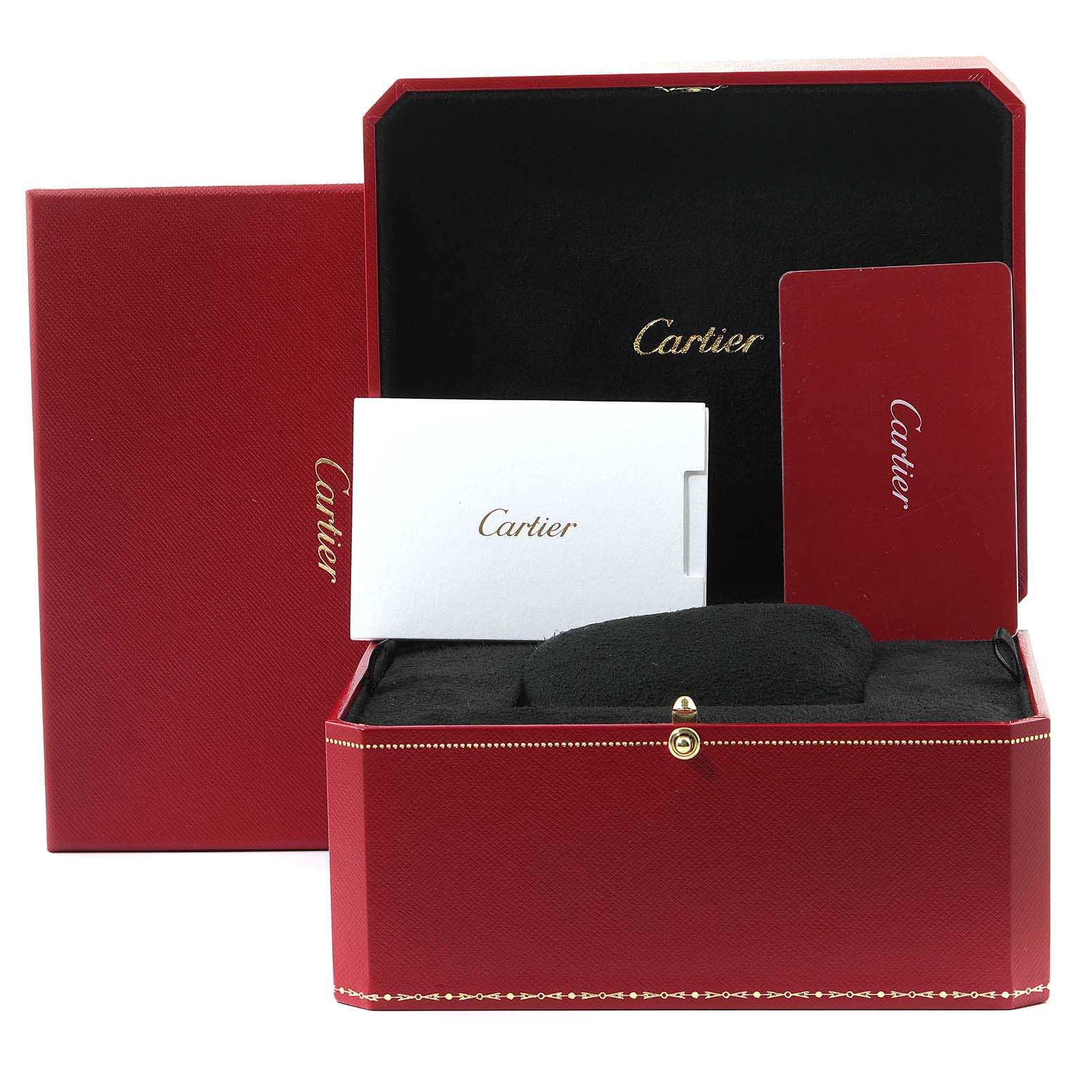 The image shows the packaging and accessories for a Cartier Tank Must WSTA0055 Women's Stainless Steel Blue Dial WSTA0055 Women's Stainless Steel Blue Dial watch, including the box, a cushion, and documentation.