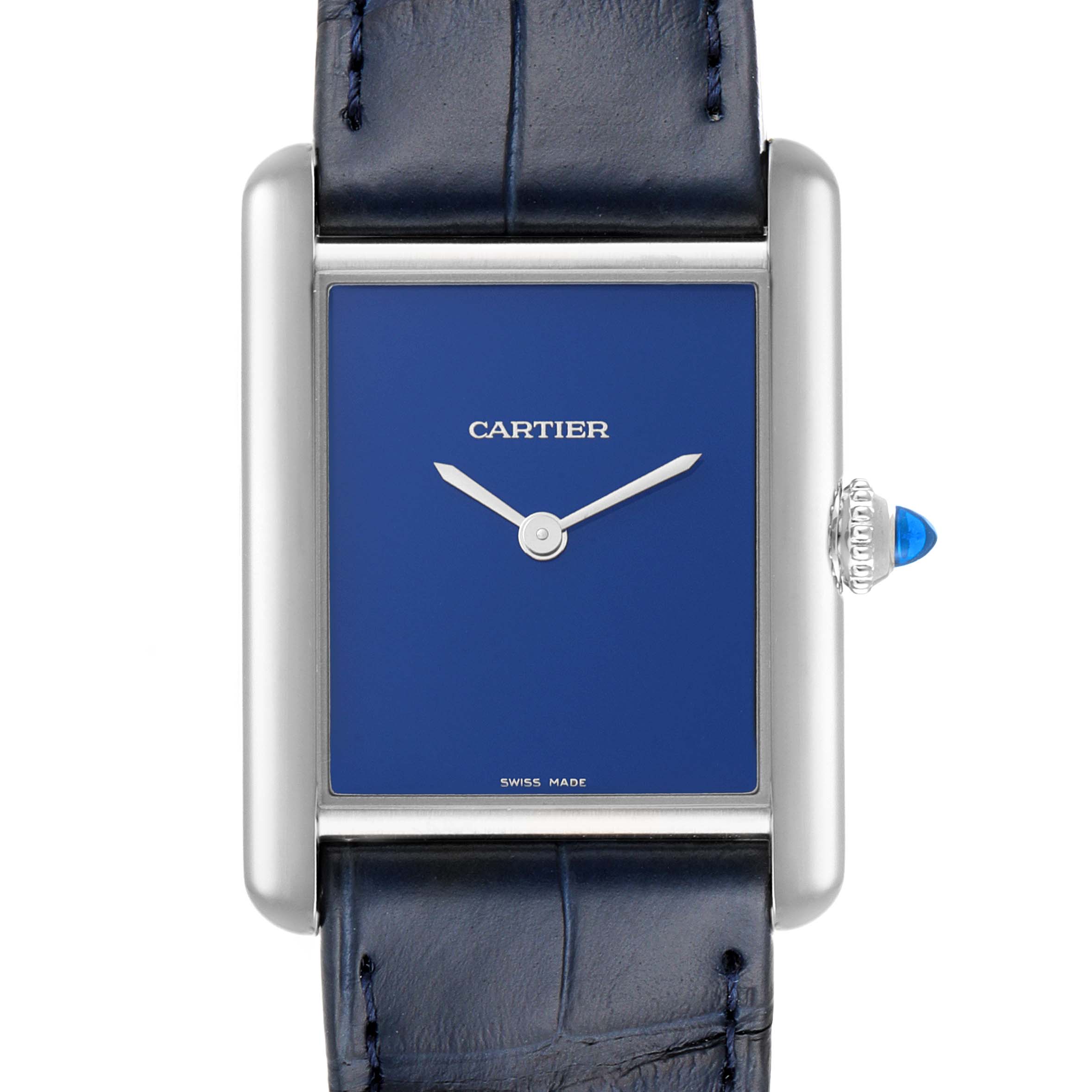 This image shows a frontal view of a Cartier Tank Must WSTA0055 Women's Stainless Steel Blue Dial WSTA0055 Women's Stainless Steel Blue Dial watch, highlighting its blue dial and leather strap.