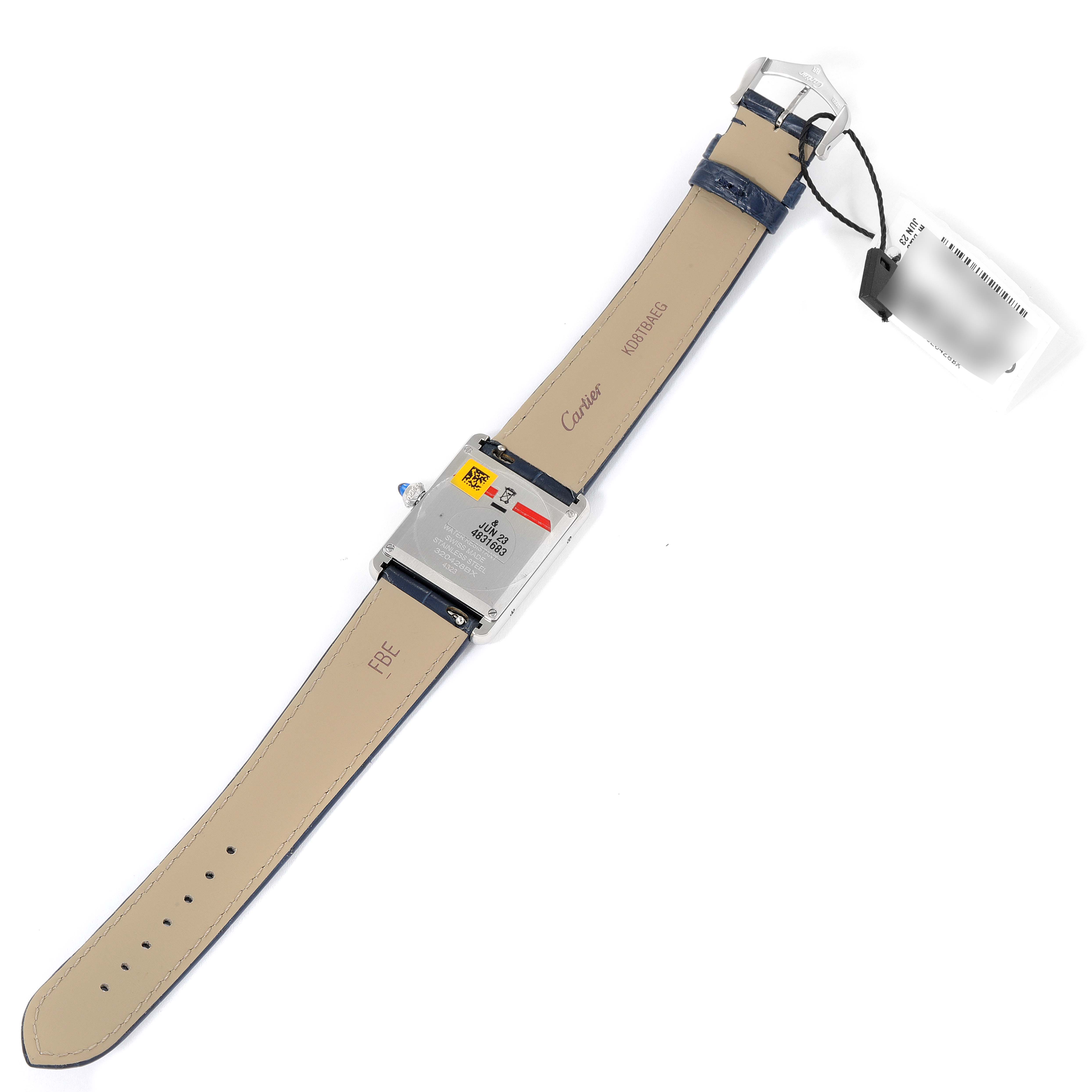 The image shows the back view of the Tank Must model by Cartier, including the strap and the case back.