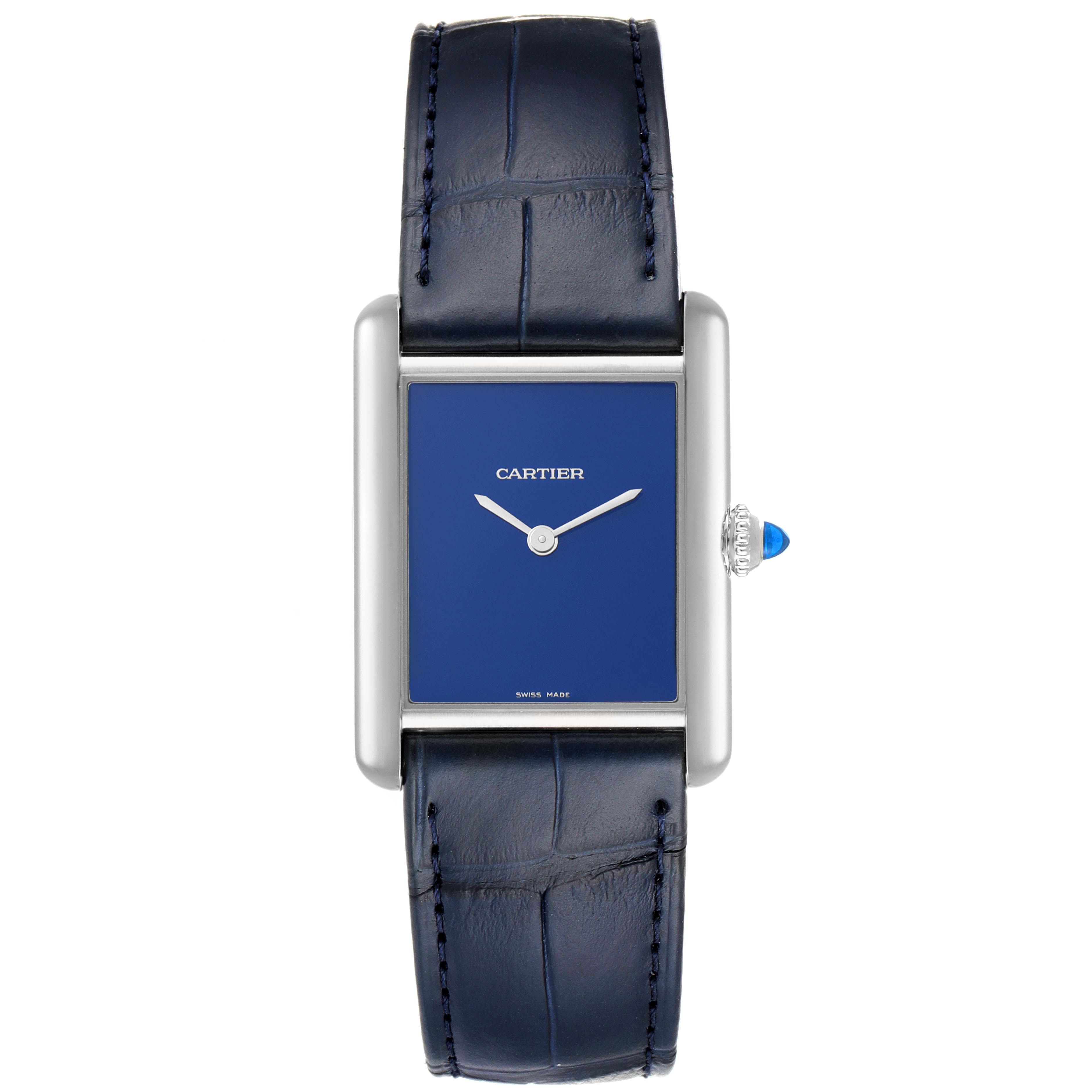 The Cartier Tank Must WSTA0055 Women's Stainless Steel Blue Dial WSTA0055 Women's Stainless Steel Blue Dial model watch is shown from a top-down angle, displaying its blue dial, silver case, and blue leather strap.
