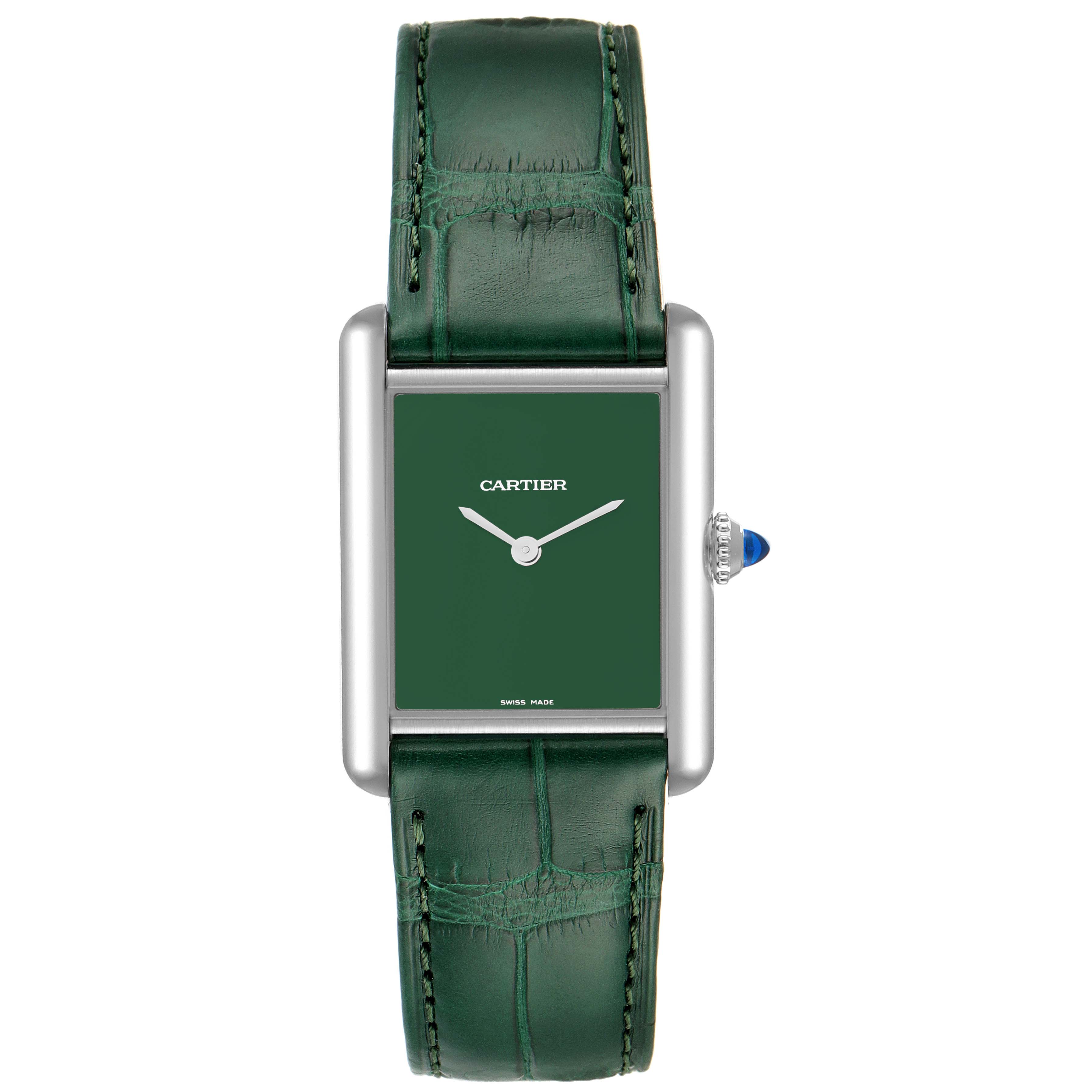 This image shows a front view of the Cartier Tank Must WSTA0056 Women's Stainless Steel Green Dial WSTA0056 Women's Stainless Steel Green Dial watch with a green dial and green leather strap.
