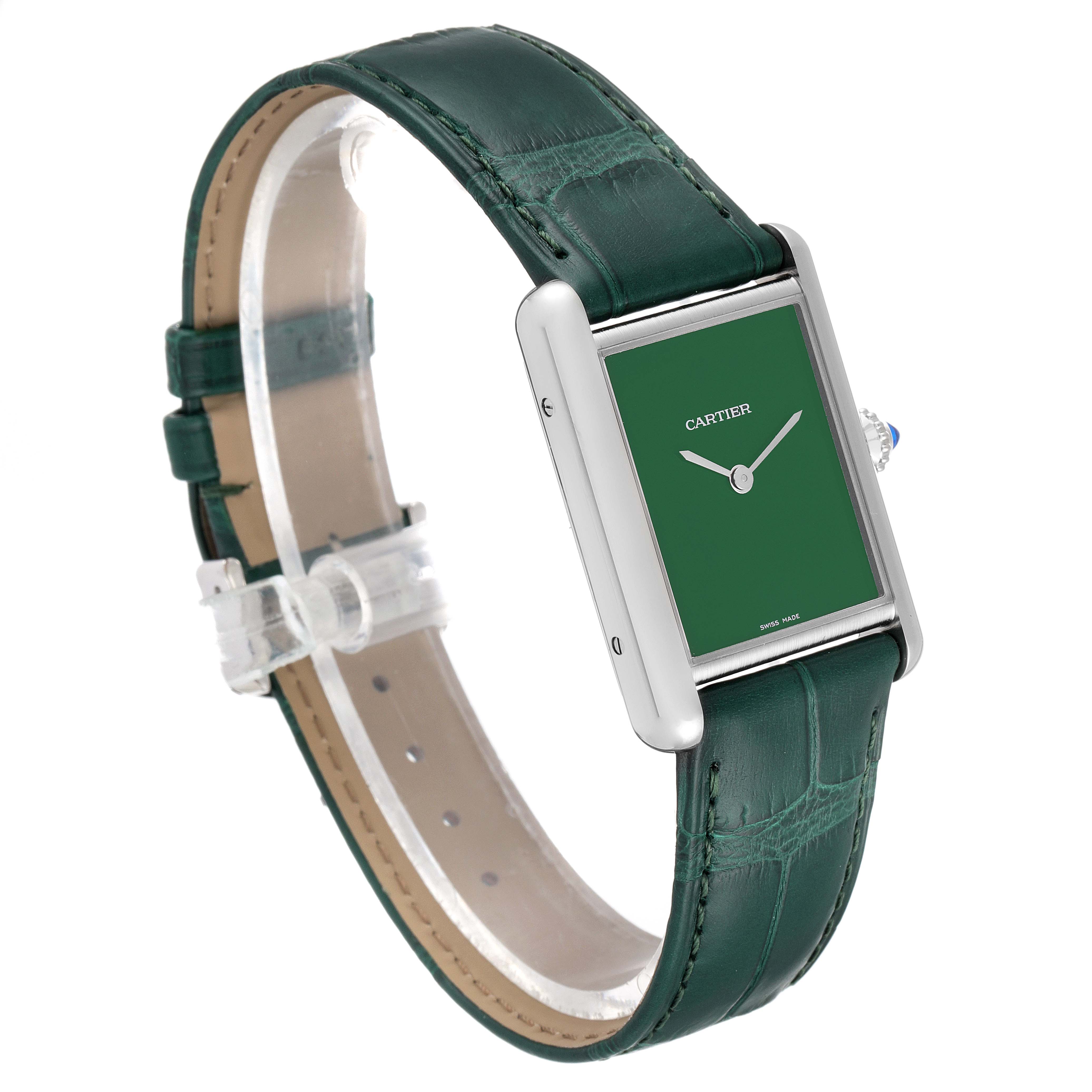 The image shows a Cartier Tank Must WSTA0056 Women's Stainless Steel Green Dial WSTA0056 Women's Stainless Steel Green Dial model watch at an angled side view, highlighting the green strap, dial, and rectangular case.