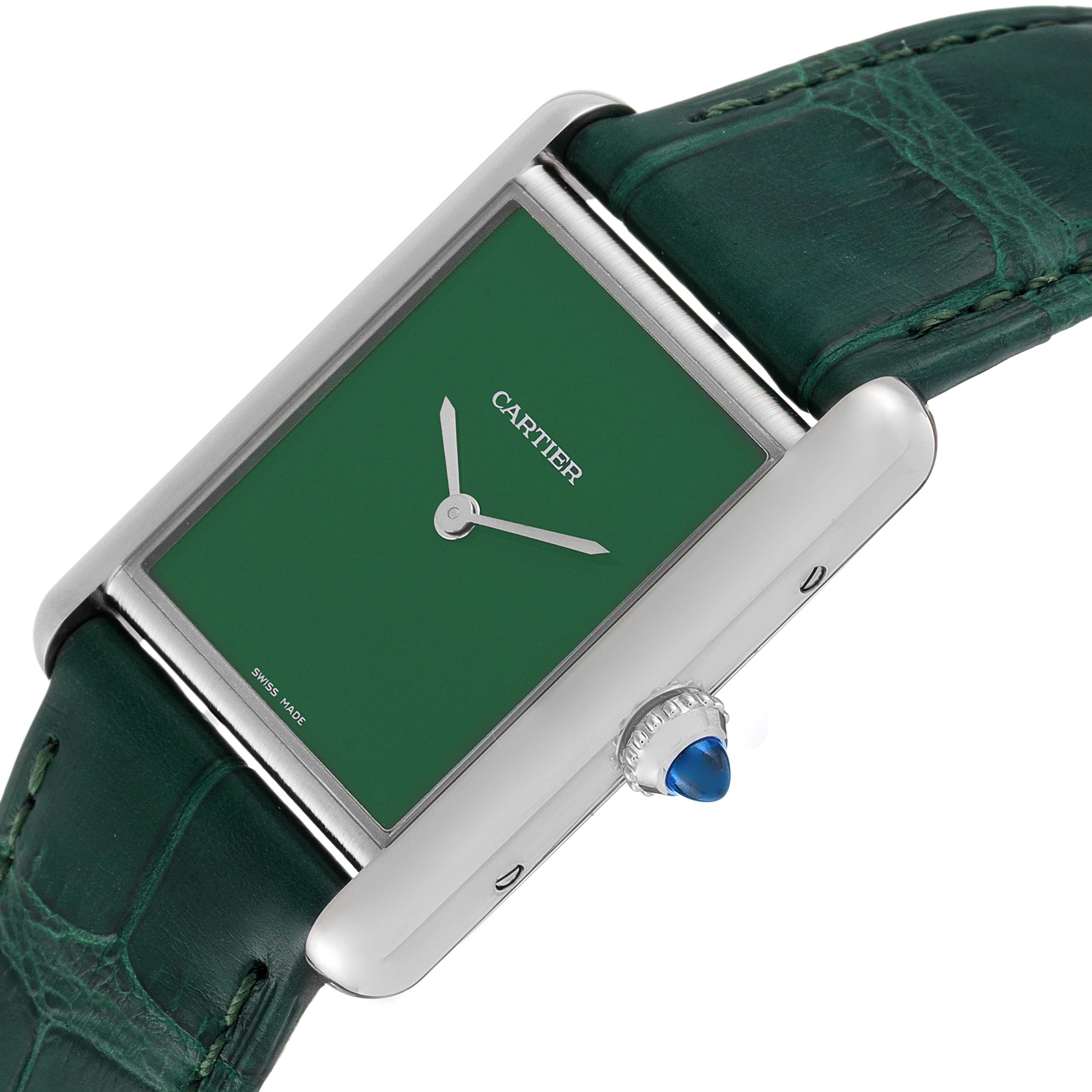 The image shows a Cartier Tank Must WSTA0056 Women's Stainless Steel Green Dial WSTA0056 Women's Stainless Steel Green Dial watch angled to highlight its green dial, silver case, crown, and green leather strap.