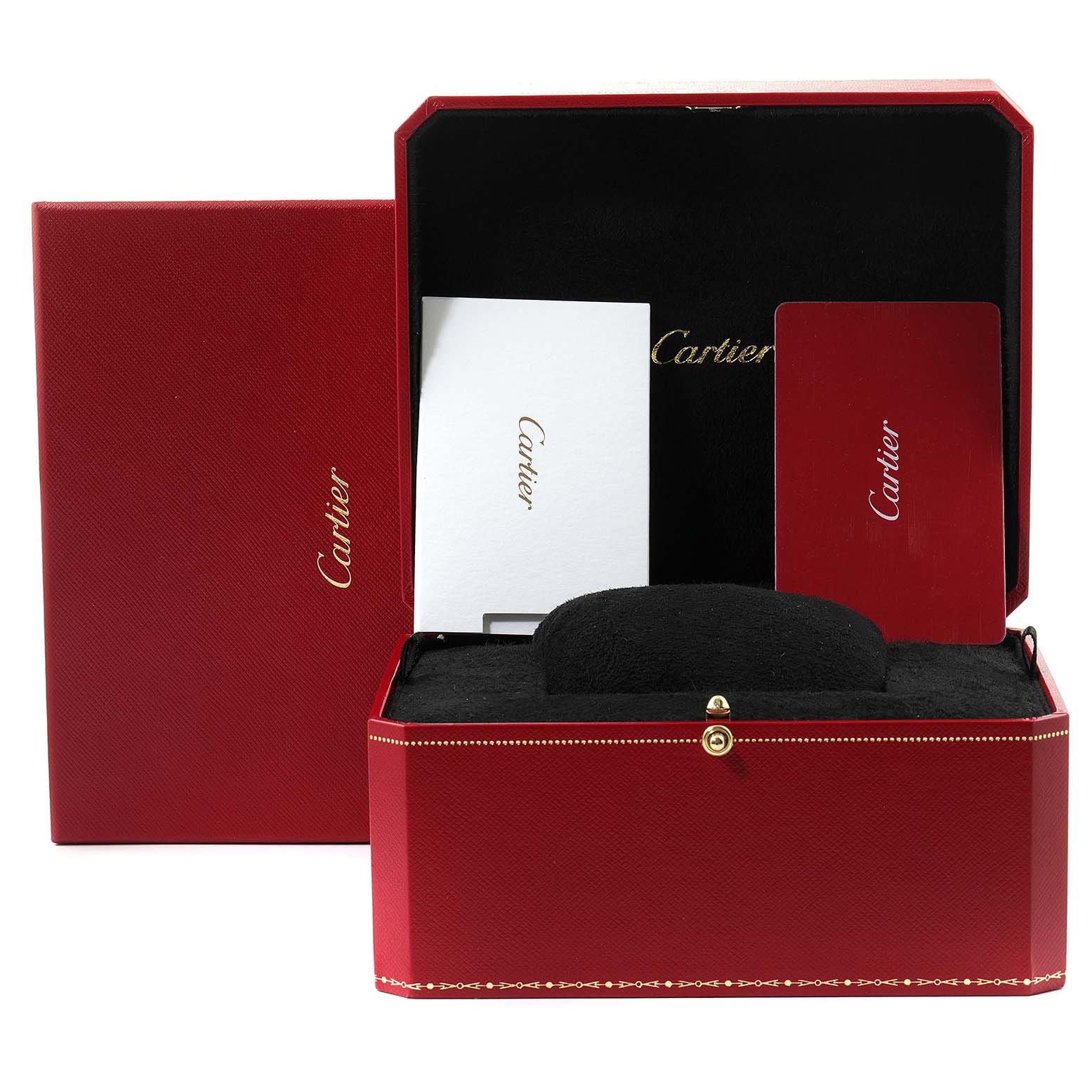 The image shows the box and paperwork for a Cartier Tank Must WSTA0056 Women's Stainless Steel Green Dial WSTA0056 Women's Stainless Steel Green Dial model watch.