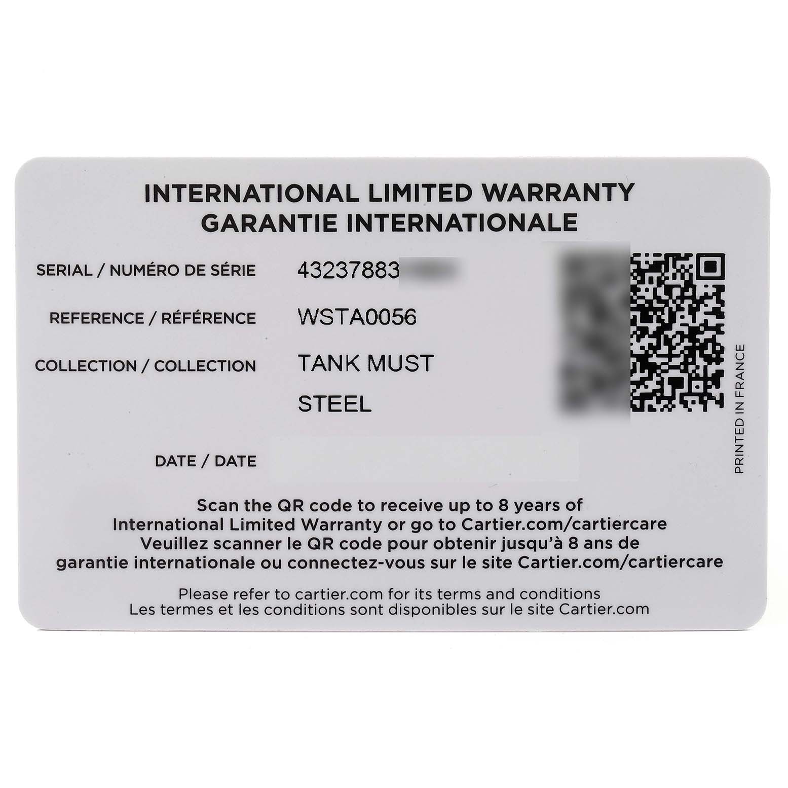 The image shows an International Limited Warranty card for the Cartier Tank Must WSTA0056 Women's Stainless Steel Green Dial WSTA0056 Women's Stainless Steel Green Dial model in steel.