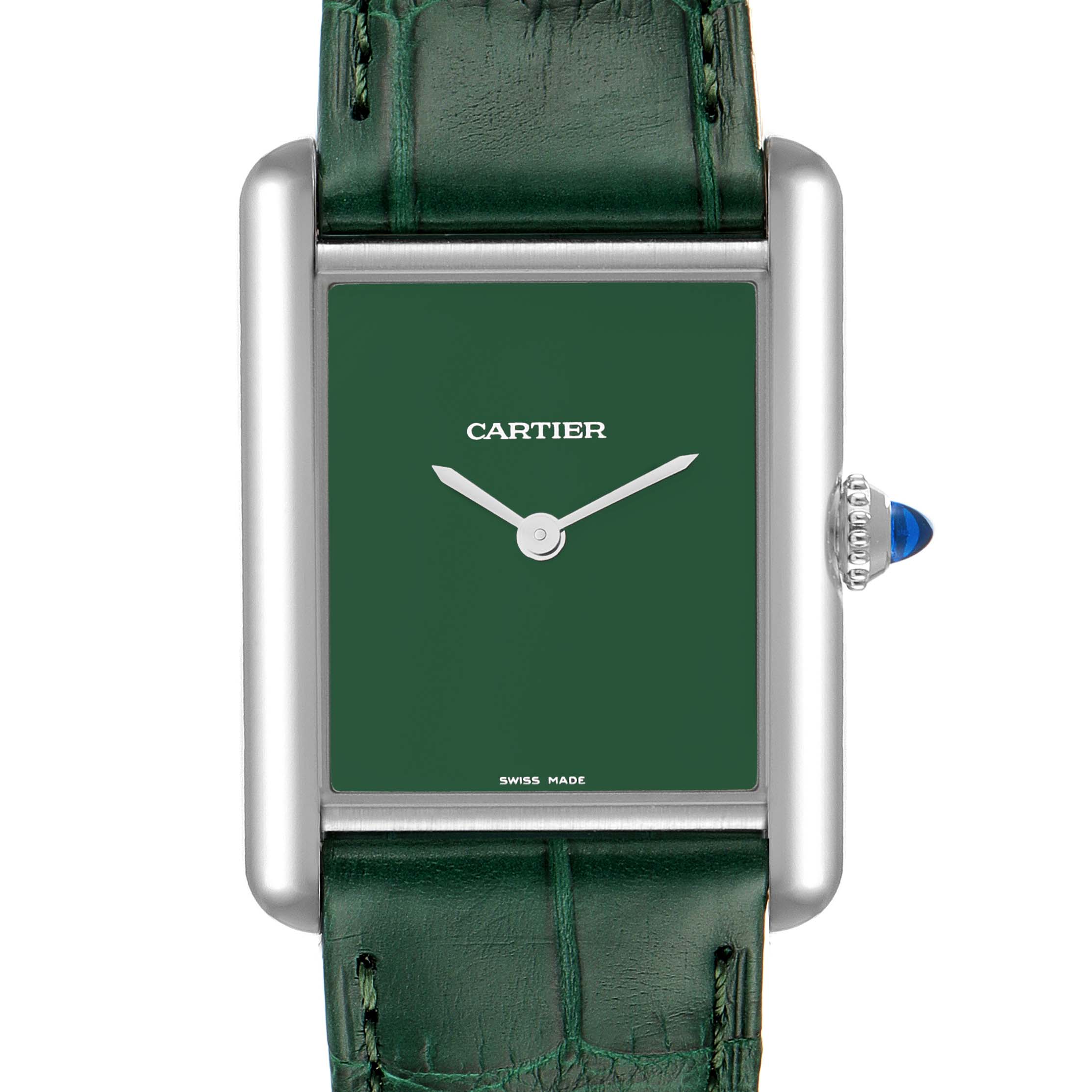 The image shows a front view of a Cartier Tank Must WSTA0056 Women's Stainless Steel Green Dial WSTA0056 Women's Stainless Steel Green Dial watch with a green dial and green leather strap.