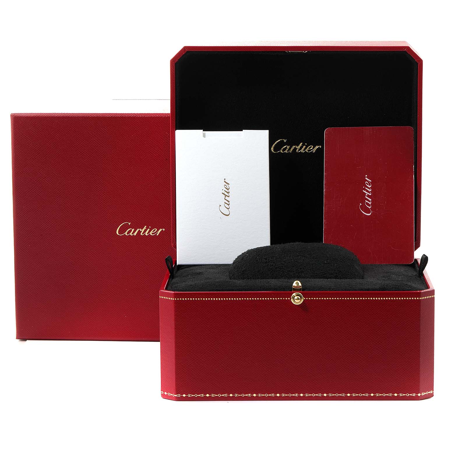 The image shows the packaging and accessories for the Cartier Tank Must WSTA0054 Women's Stainless Steel Red Dial WSTA0054 Women's Stainless Steel Red Dial watch, including the box and manuals.