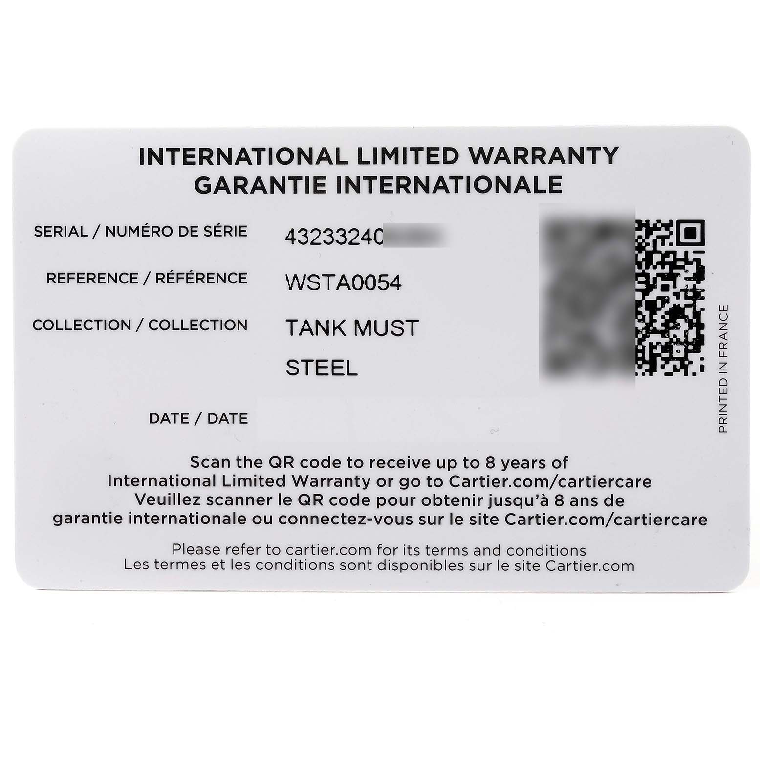 The image shows the International Limited Warranty card for the Cartier Tank Must WSTA0054 Women's Stainless Steel Red Dial WSTA0054 Women's Stainless Steel Red Dial watch model.