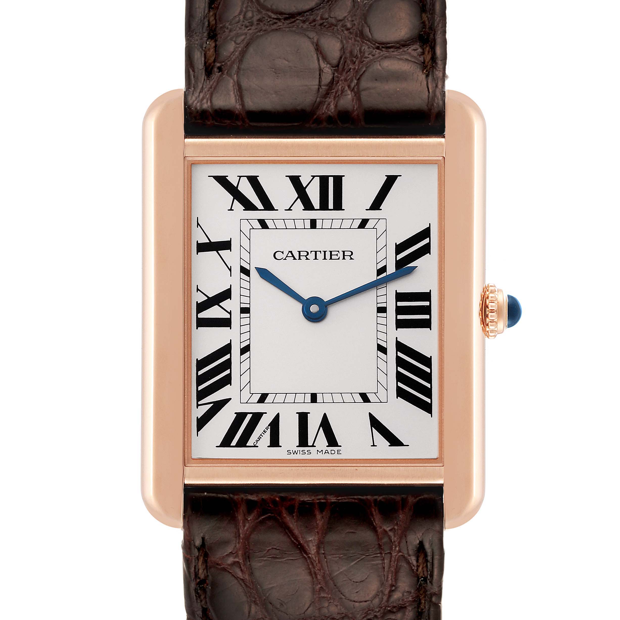 The image shows the Cartier Tank Solo W5200025 Men's Steel and Gold (two tone) Silver Dial W5200025 Men's Steel and Gold (two tone) Silver Dial watch face, including the dial, Roman numerals, hands, and part of the leather strap.