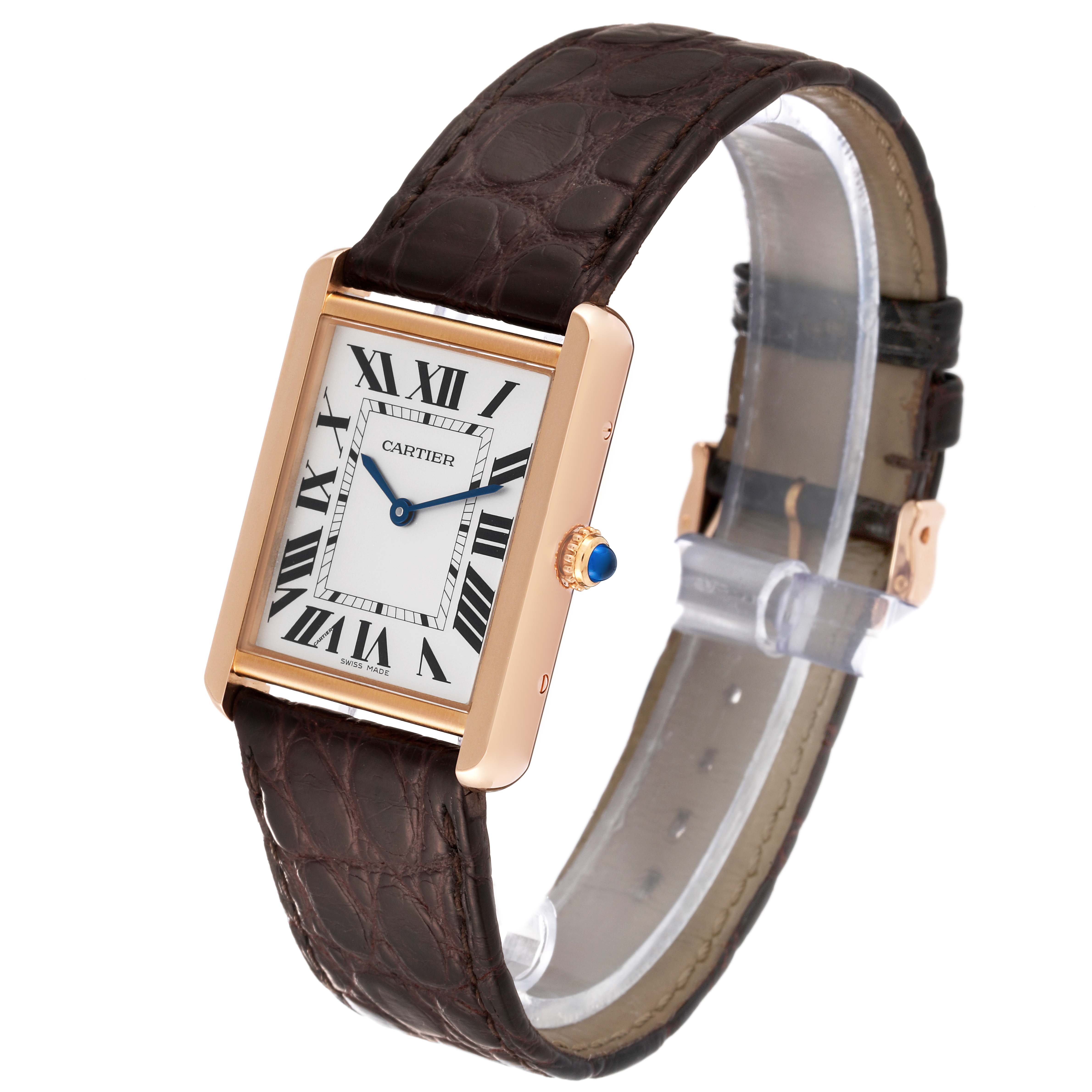The image shows a side angle view of the Cartier Tank Solo W5200025 Men's Steel and Gold (two tone) Silver Dial W5200025 Men's Steel and Gold (two tone) Silver Dial watch, highlighting its rectangular case, dial, and leather strap.