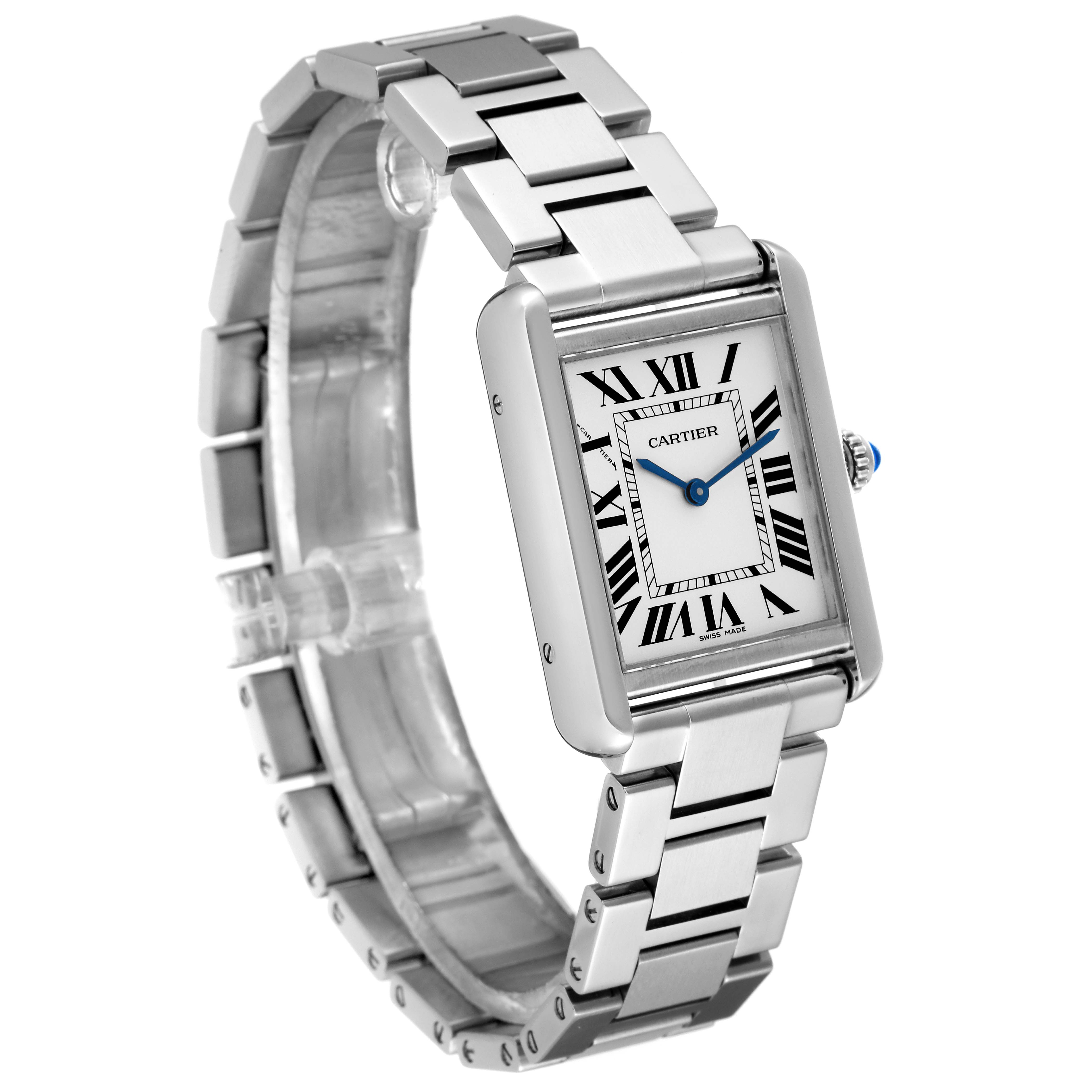 The image shows a Cartier Tank Solo W5200013 Women
s Stainless Steel Silver Dial W5200013 Women
s Stainless Steel Silver Dial watch at a front angle, highlighting the face, bracelet, and crown.