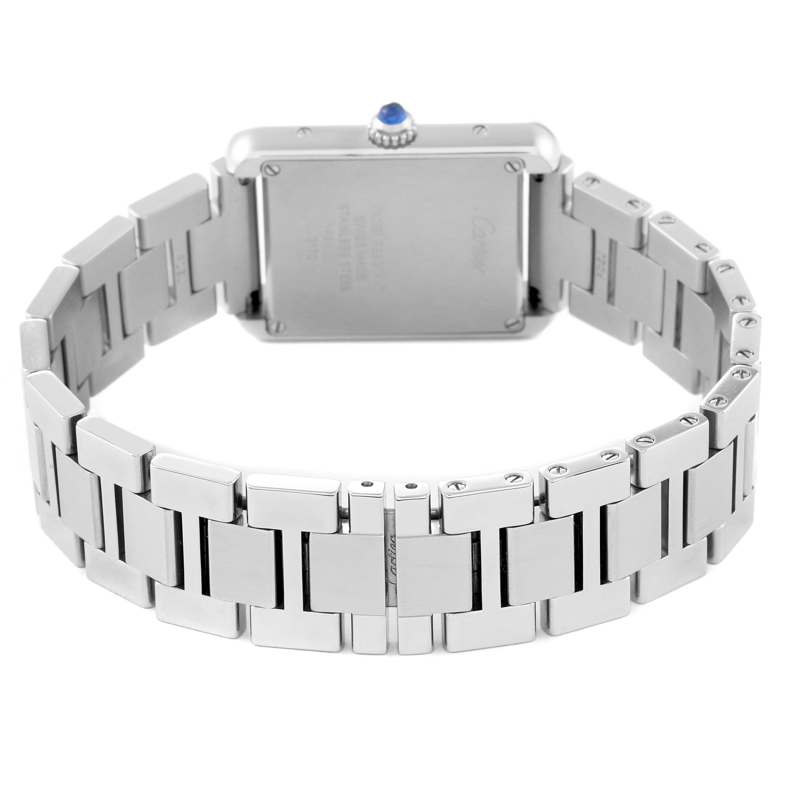 This image shows the back view of the Cartier Tank Solo W5200013 Women
s Stainless Steel Silver Dial W5200013 Women
s Stainless Steel Silver Dial watch, highlighting its case back and metal bracelet.