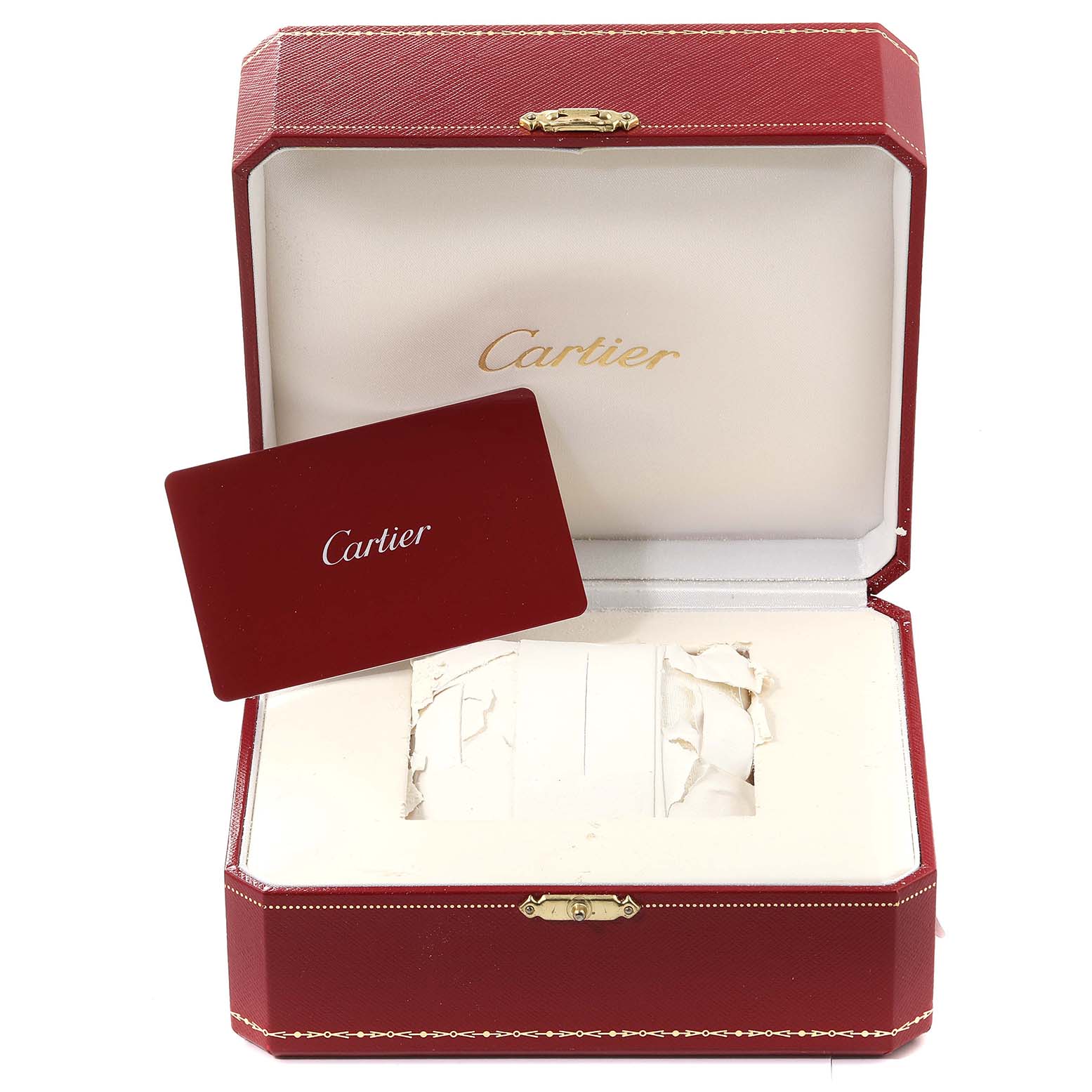 The image shows an open red Cartier box with a Cartier card inside, intended for the Tank Solo model watch by Cartier.
