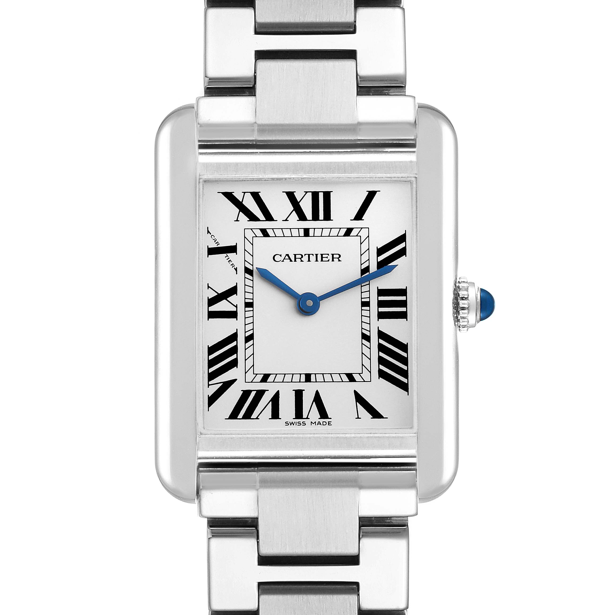 The image shows a close-up, front view of the Cartier Tank Solo W5200013 Women
s Stainless Steel Silver Dial W5200013 Women
s Stainless Steel Silver Dial watch face and part of the bracelet.