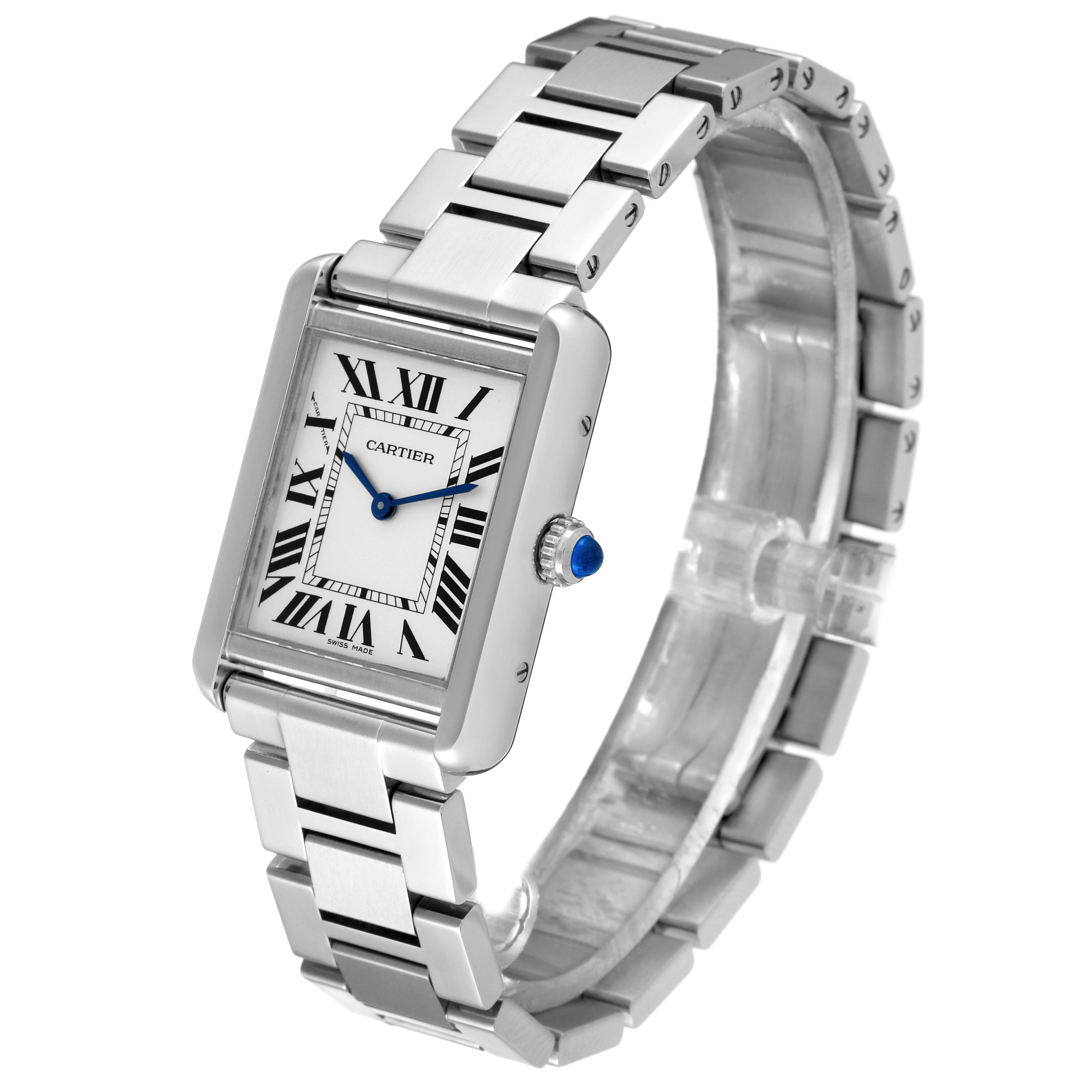 This image shows the Cartier Tank Solo W5200013 Women
s Stainless Steel Silver Dial W5200013 Women
s Stainless Steel Silver Dial watch at a three-quarter angle, highlighting its dial, bracelet, and crown.