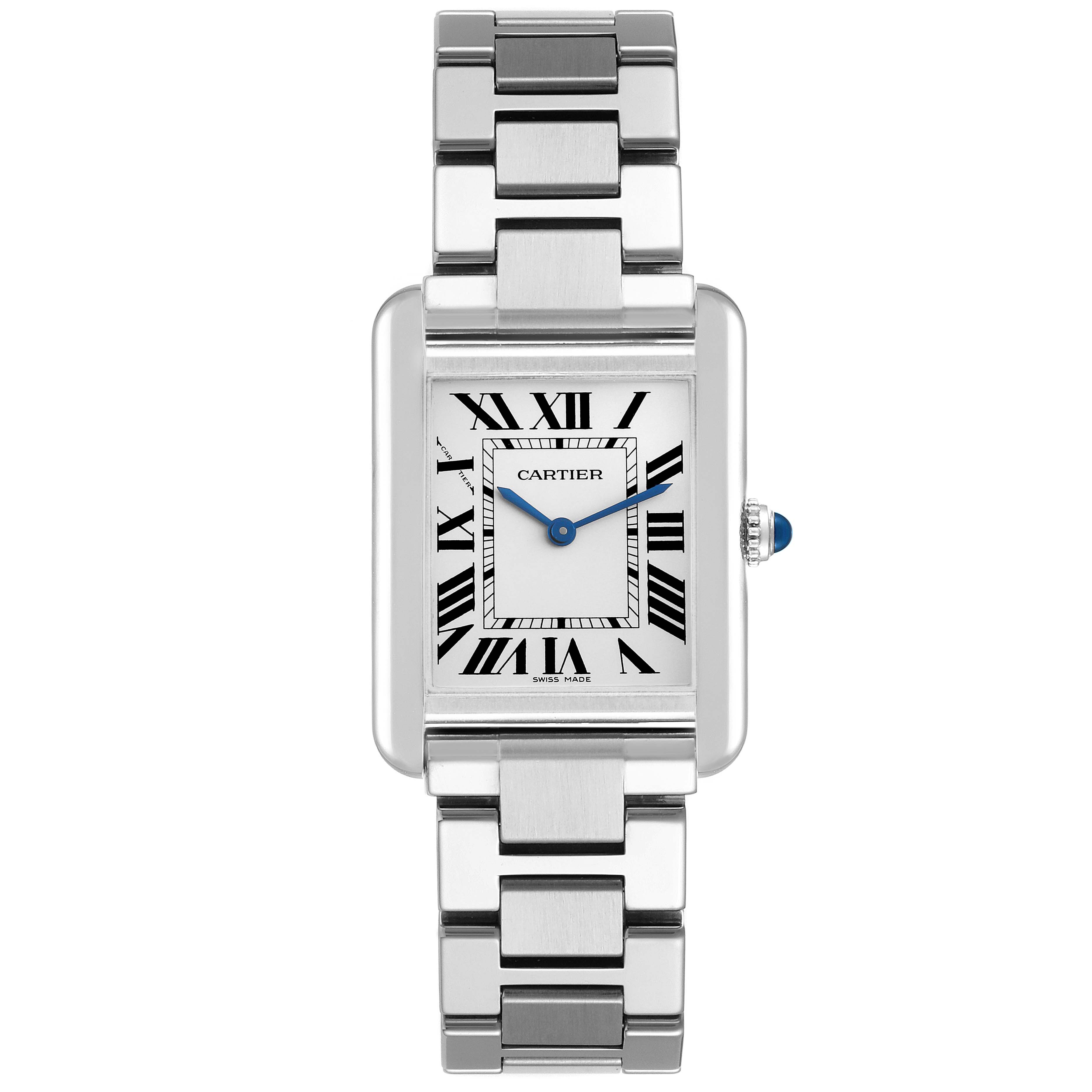 The image shows a frontal view of the Cartier Tank Solo W5200013 Women
s Stainless Steel Silver Dial W5200013 Women
s Stainless Steel Silver Dial watch, highlighting its Roman numeral dial, blue hands, and stainless steel bracelet.