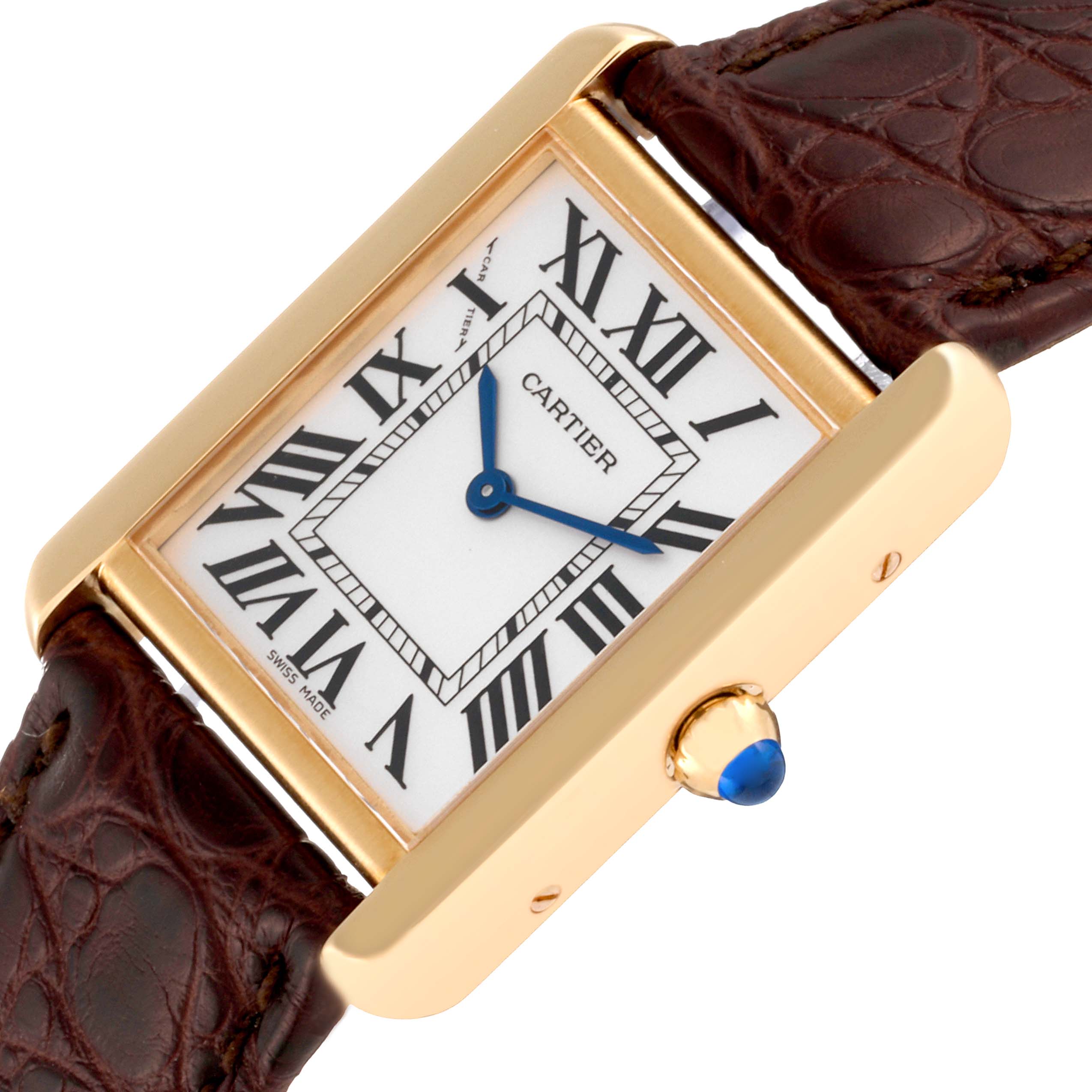 The Cartier Tank Solo W1018755 Women
s Steel and Gold (two tone) Silver Dial W1018755 Women
s Steel and Gold (two tone) Silver Dial watch is shown at a slightly tilted angle, displaying the face, Roman numerals, blue hands, leather strap, and crown.