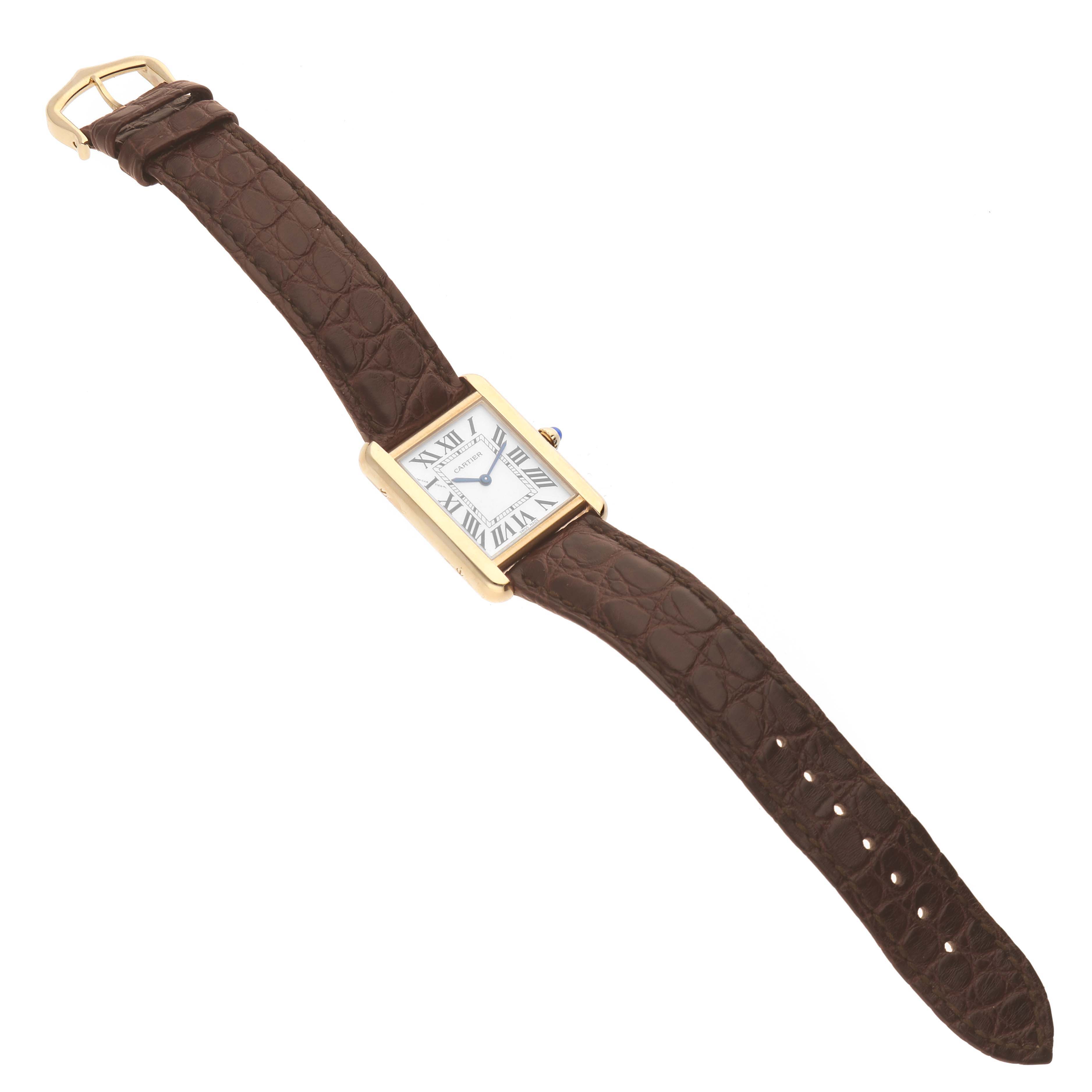 The image shows a Cartier Tank Solo W1018755 Women
s Steel and Gold (two tone) Silver Dial W1018755 Women
s Steel and Gold (two tone) Silver Dial watch with a brown leather strap, displayed from a top-down angle.
