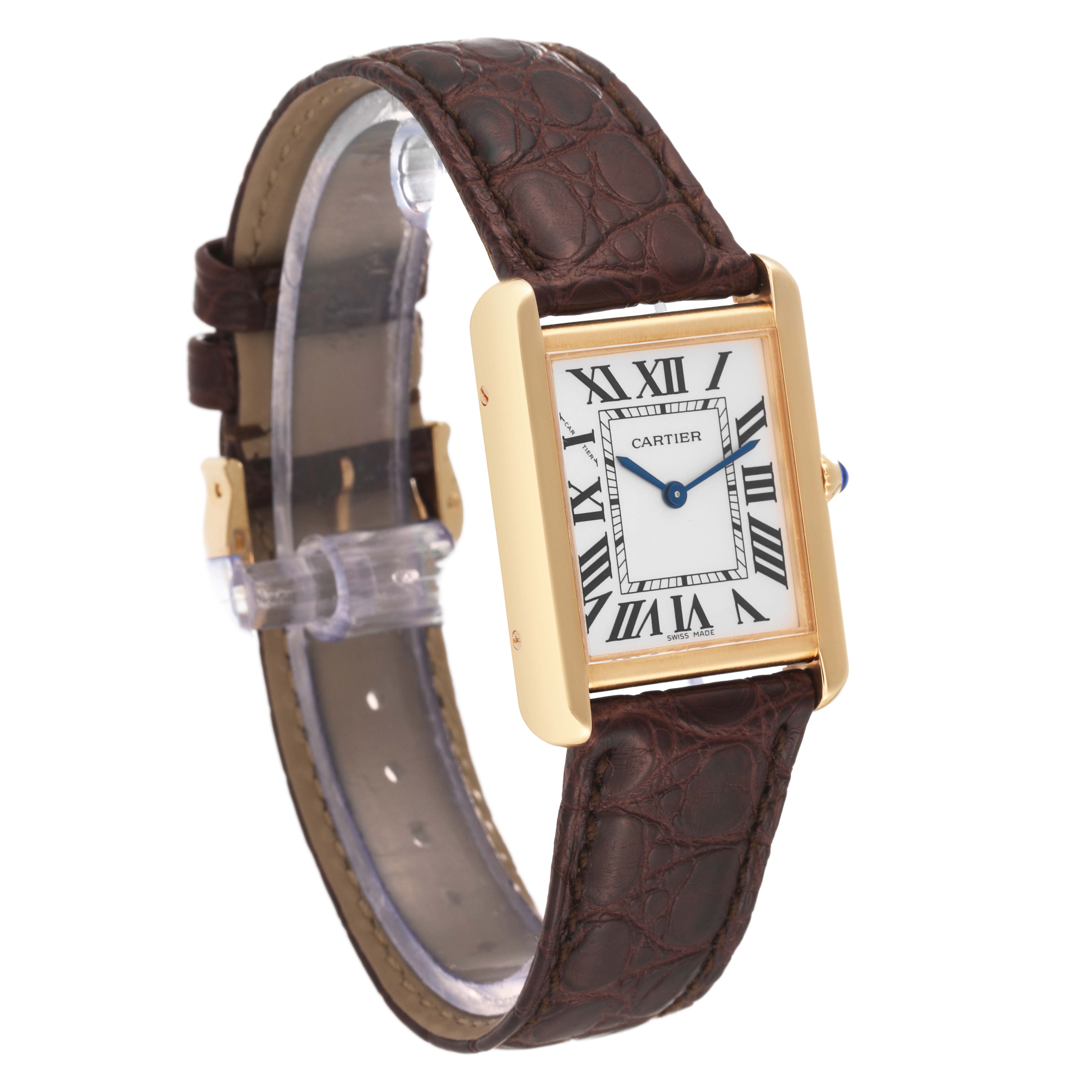 The image shows a Cartier Tank Solo W1018755 Women
s Steel and Gold (two tone) Silver Dial W1018755 Women
s Steel and Gold (two tone) Silver Dial watch angled to display the face, brown leather strap, and gold rectangular case.