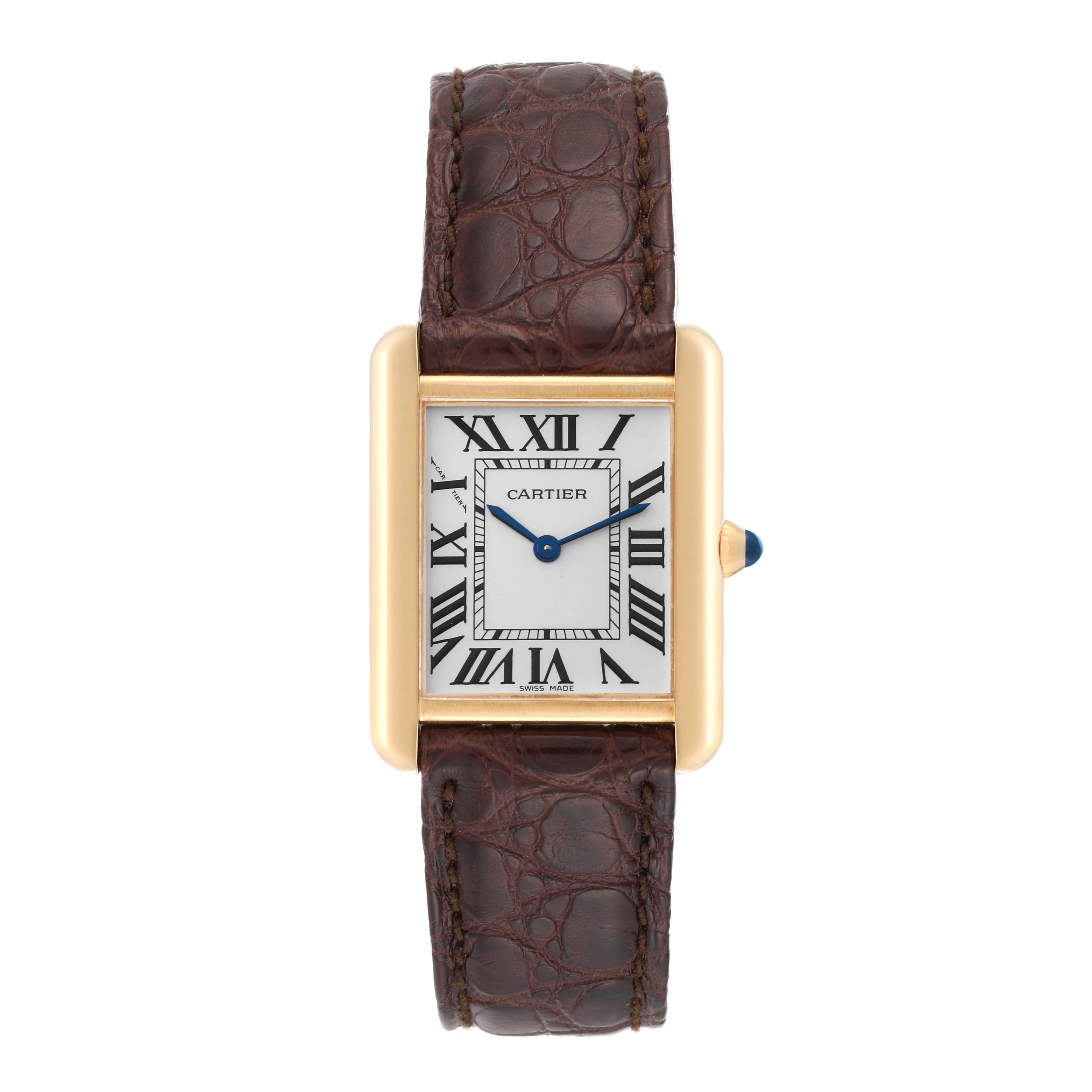 The image shows a front view of the Cartier Tank Solo W1018755 Women
s Steel and Gold (two tone) Silver Dial W1018755 Women
s Steel and Gold (two tone) Silver Dial watch with a brown leather strap and a rectangular face.