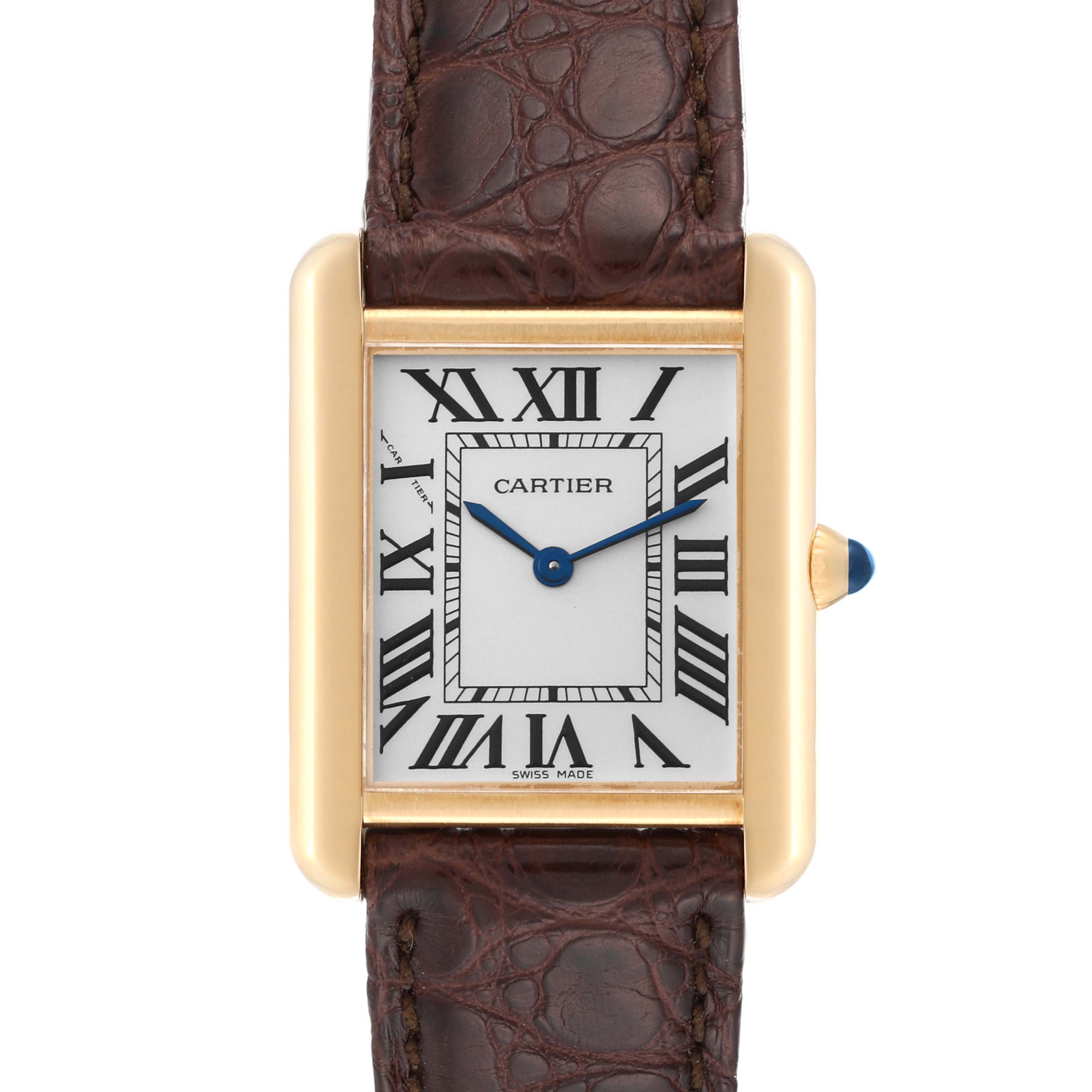 The image shows a Cartier Tank Solo W1018755 Women
s Steel and Gold (two tone) Silver Dial W1018755 Women
s Steel and Gold (two tone) Silver Dial watch from a front angle, highlighting its dial, case, and leather strap.