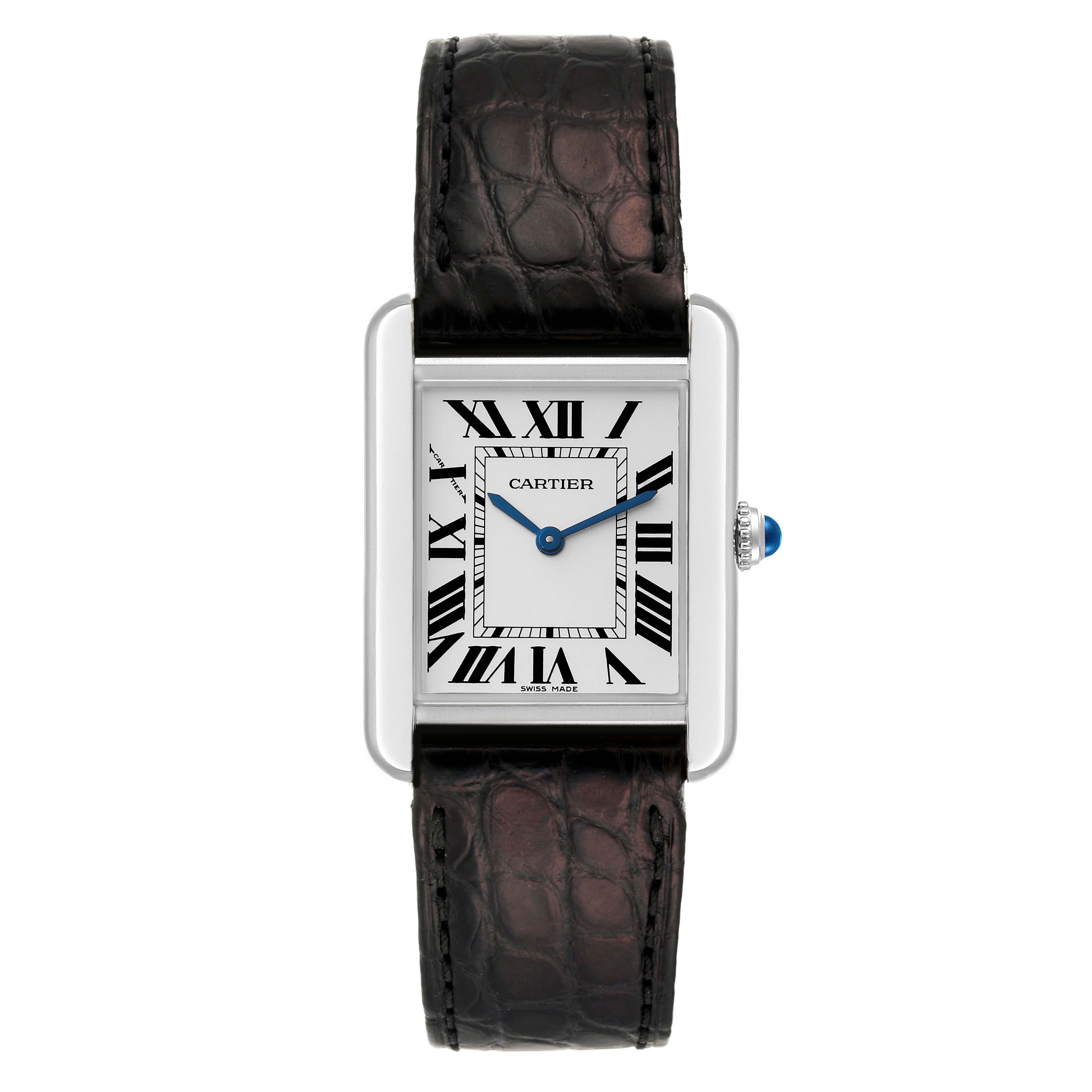 The image shows a front view of the Cartier Tank Solo W5200005 Women
s Stainless Steel Silver Dial W5200005 Women
s Stainless Steel Silver Dial watch, highlighting its rectangular face, Roman numerals, blue hands, and black leather strap.