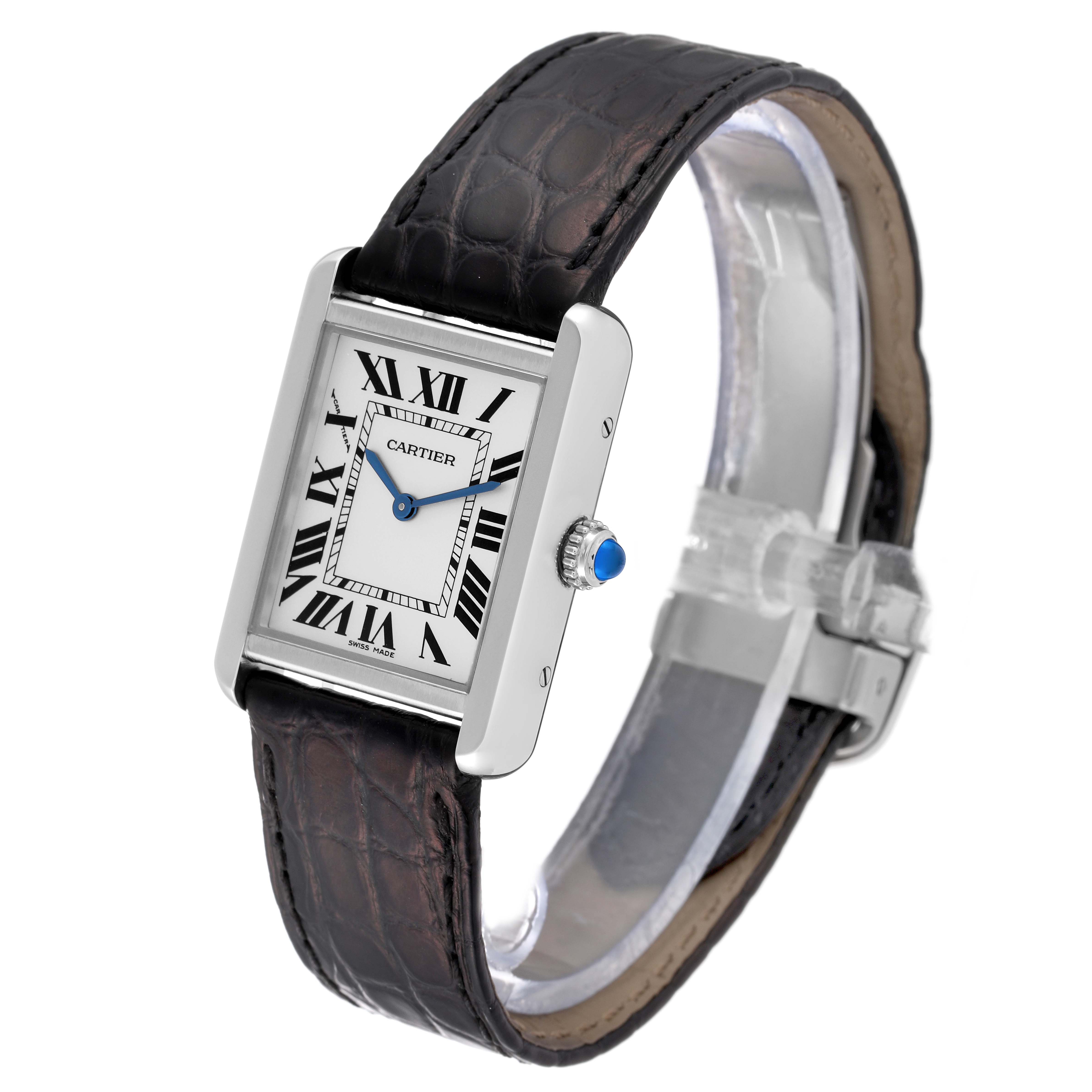 The Cartier Tank Solo W5200005 Women
s Stainless Steel Silver Dial W5200005 Women
s Stainless Steel Silver Dial watch is shown at a slight angle, displaying the face, crown, and leather strap.